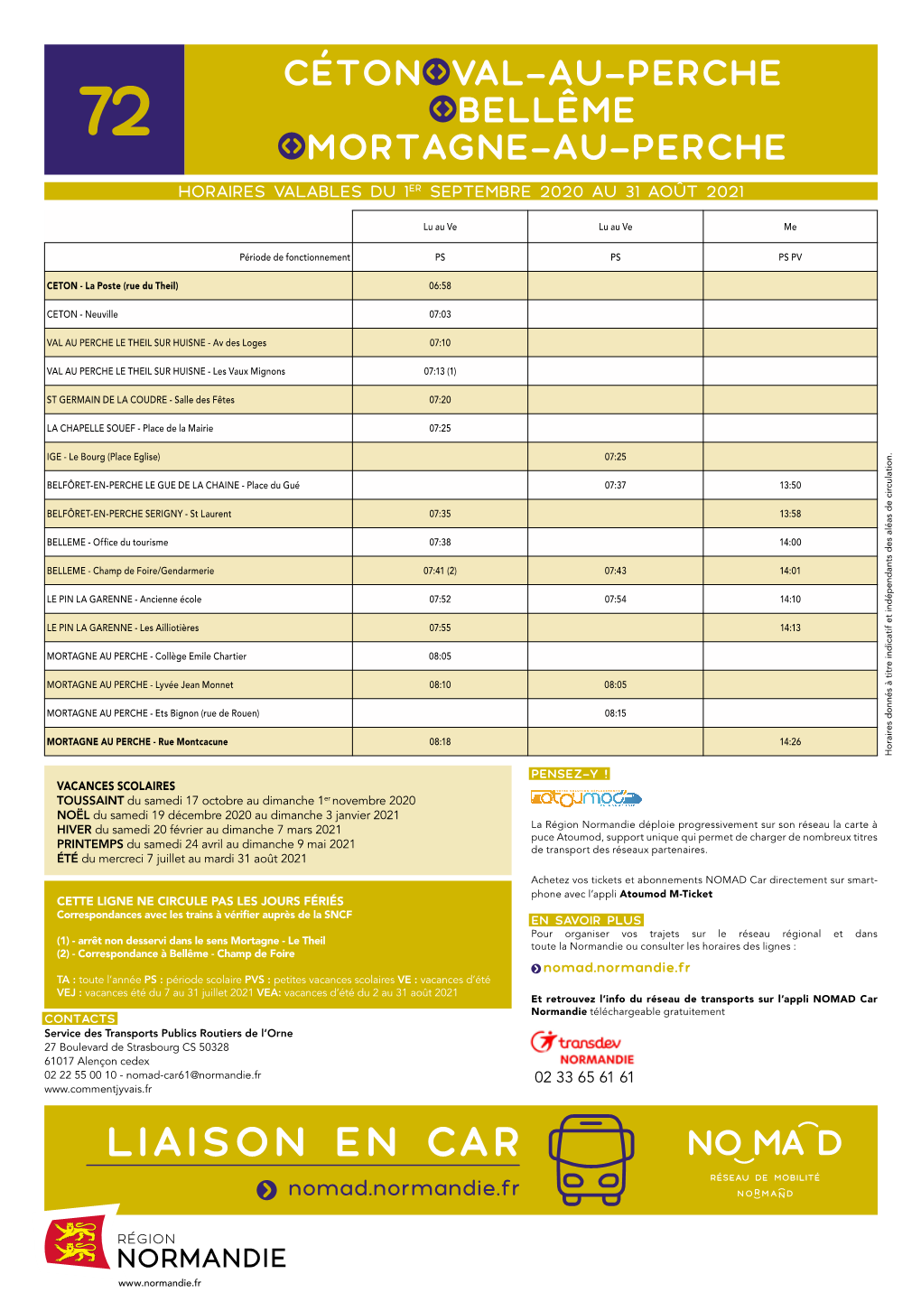 Bellême 72 Mortagne-Au-Perche Horaires Valables Du 1Er Septembre 2020 Au 31 Août 2021