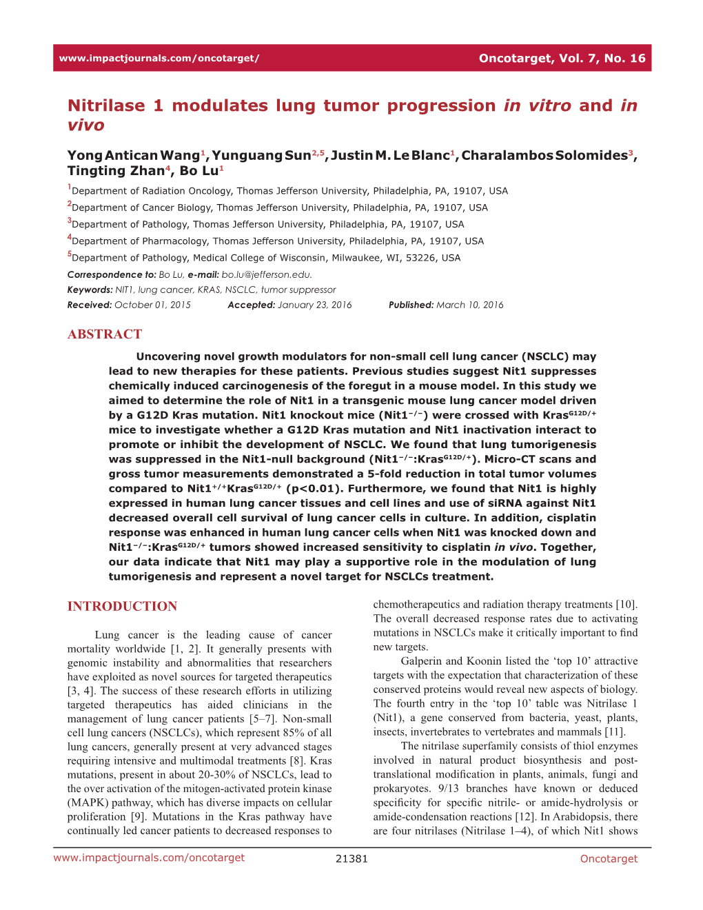 Nitrilase 1 Modulates Lung Tumor Progression in Vitro and in Vivo