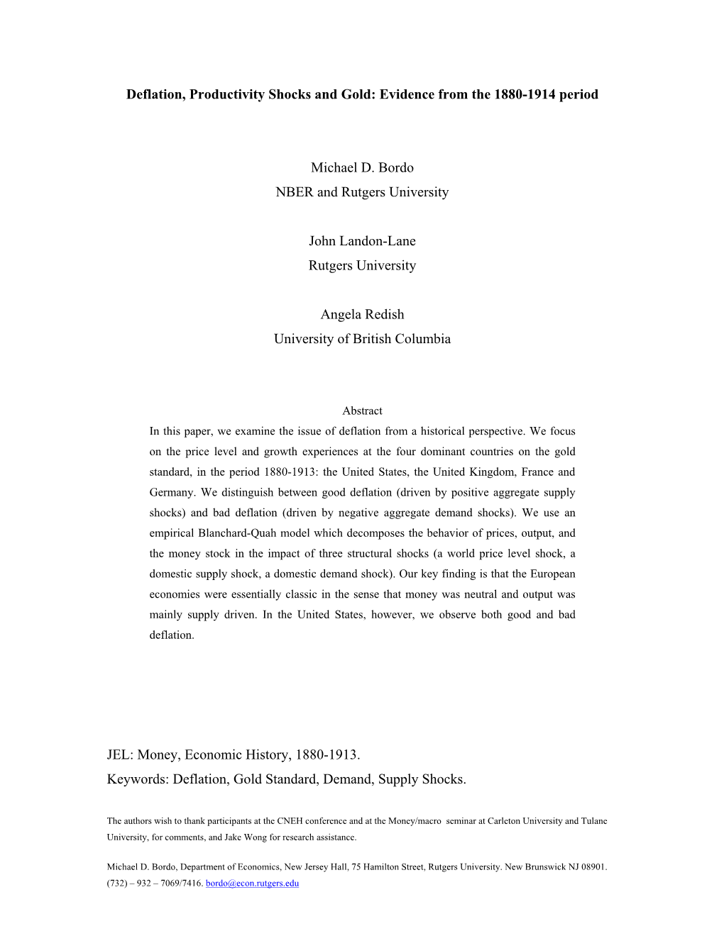 Deflation, Productivity Shocks and Gold: Evidence from the 1880-1914 Period