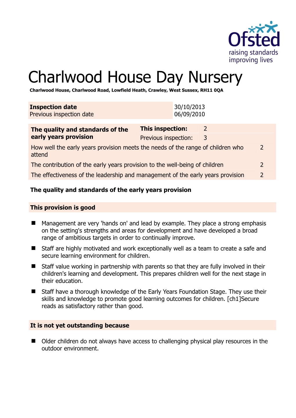 Charlwood House Day Nursery Charlwood House, Charlwood Road, Lowfield Heath, Crawley, West Sussex, RH11 0QA