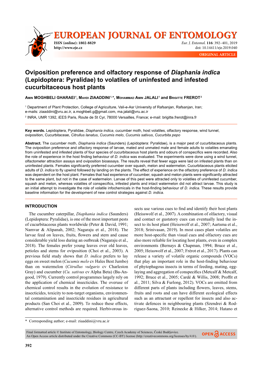 Oviposition Preference and Olfactory Response of Diaphania Indica (Lepidoptera: Pyralidae) to Volatiles of Uninfested and Infested Cucurbitaceous Host Plants