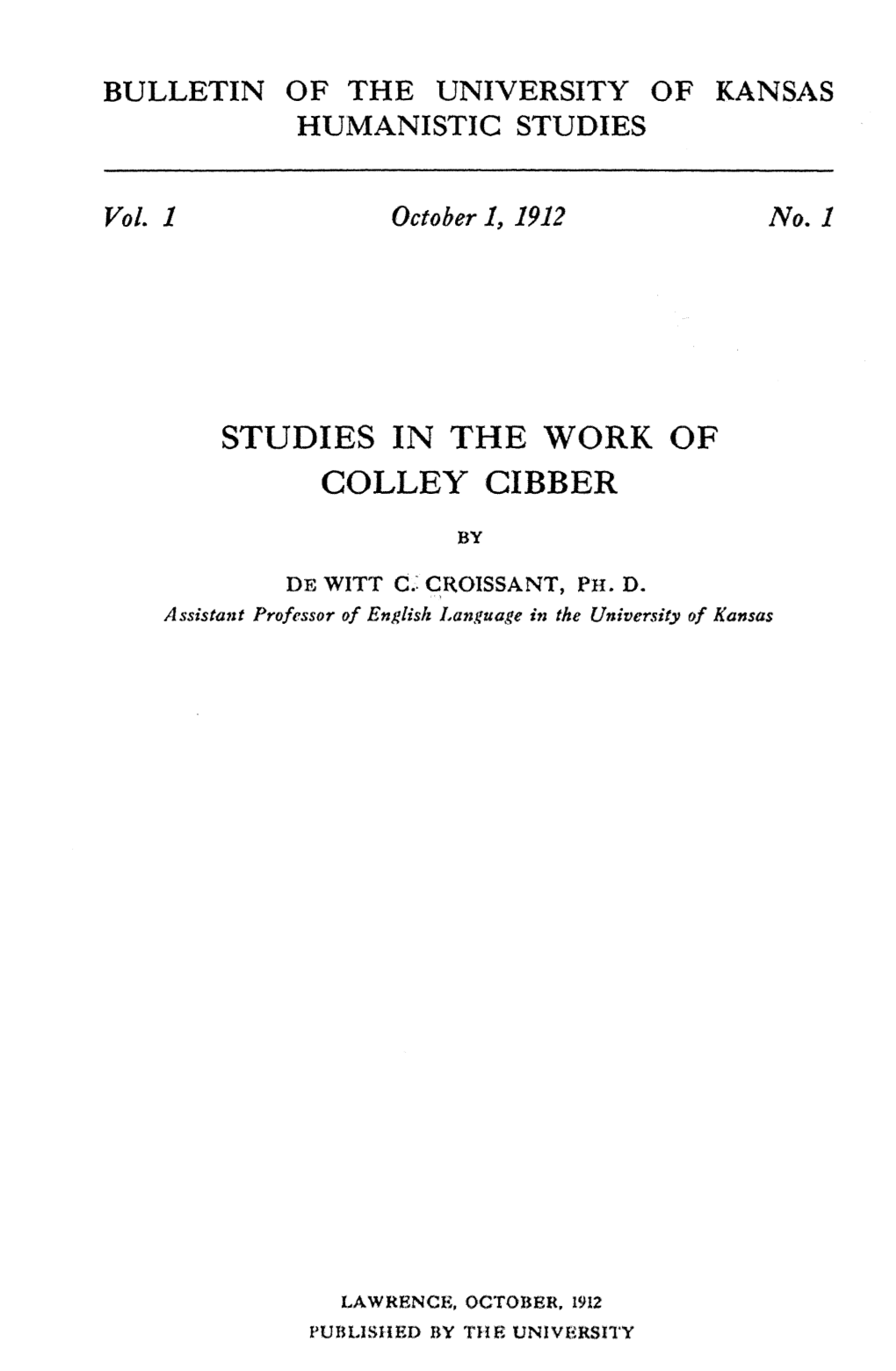 Studies in the Work of Colley Cibber