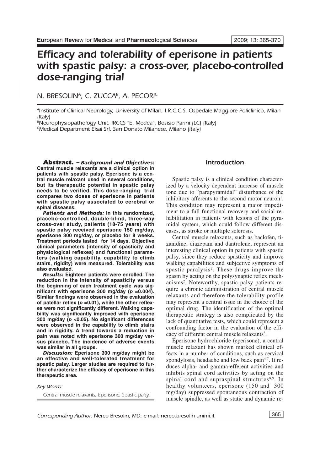 Efficacy and Tolerability of Eperisone in Patients with Spastic Palsy: a Cross-Over, Placebo-Controlled Dose-Ranging Trial