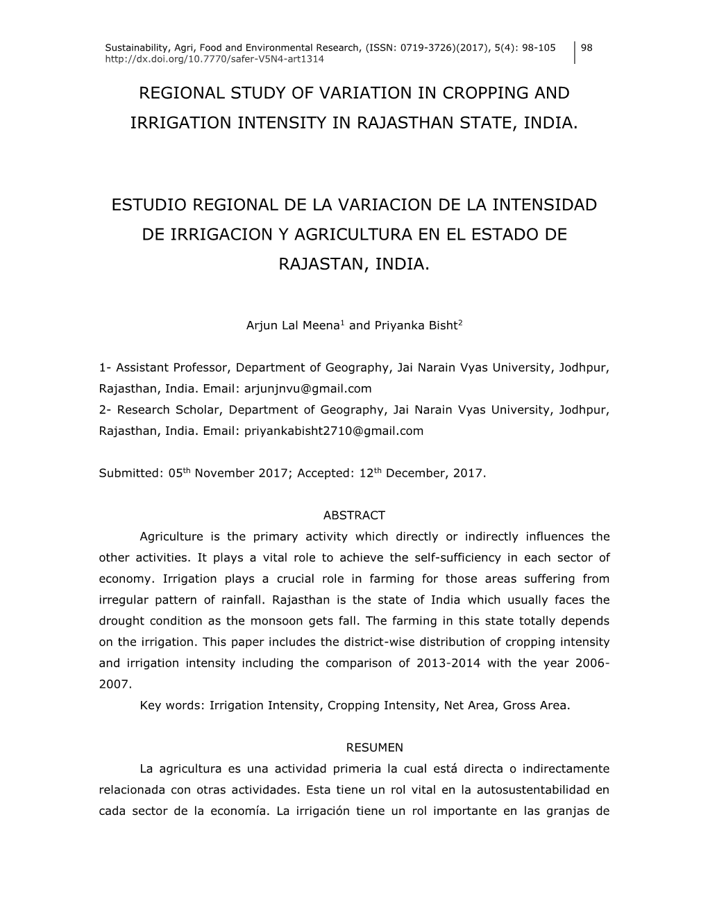 Regional Study of Variation in Cropping and Irrigation Intensity in Rajasthan State, India