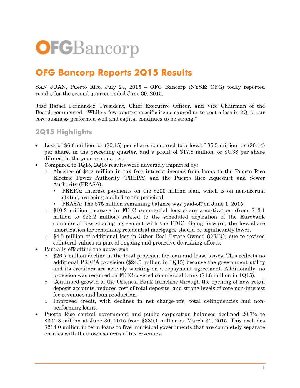 OFG Bancorp Reports 2Q15 Results