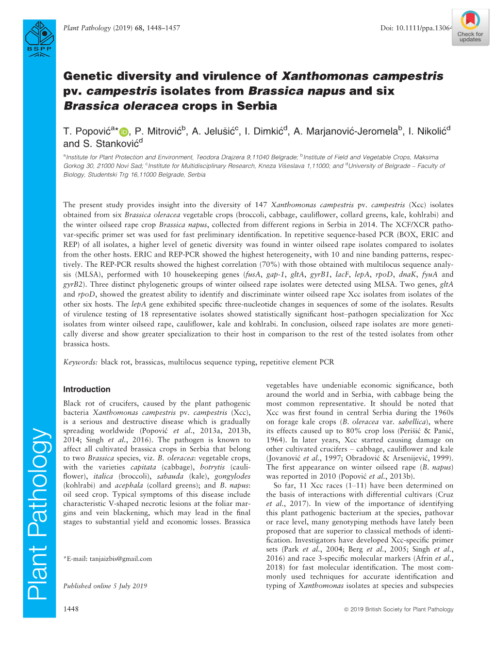 Genetic Diversity and Virulence of Xanthomonas Campestris Pv