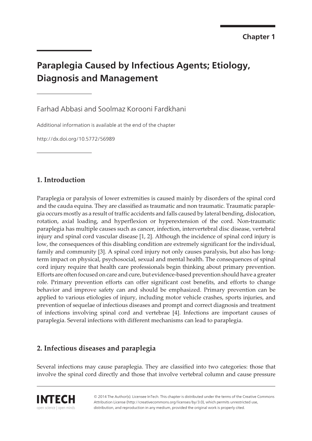 Paraplegia Caused by Infectious Agents; Etiology, Diagnosis and Management