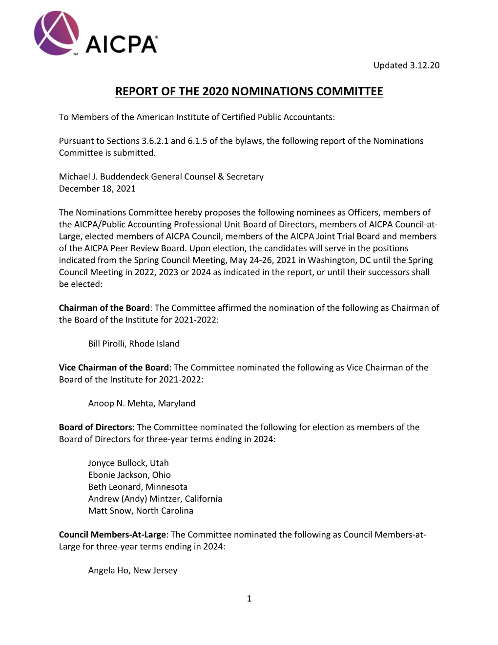 Report of the 2020 Nominations Committee