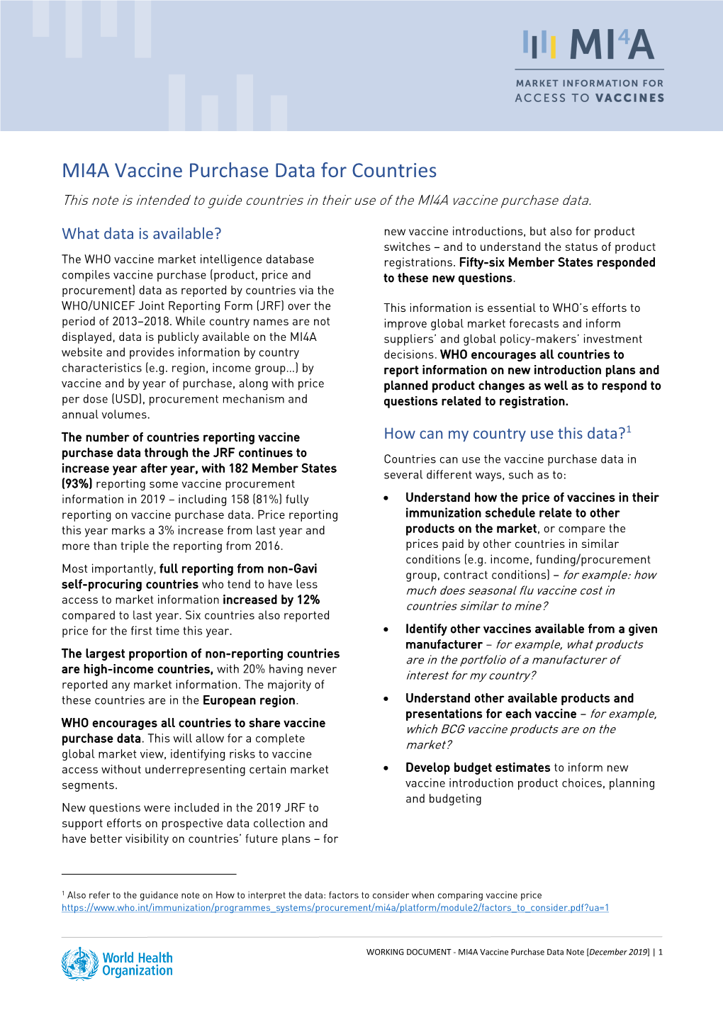 MI4A Vaccine Purchase Data for Countries This Note Is Intended to Guide Countries in Their Use of the MI4A Vaccine Purchase Data