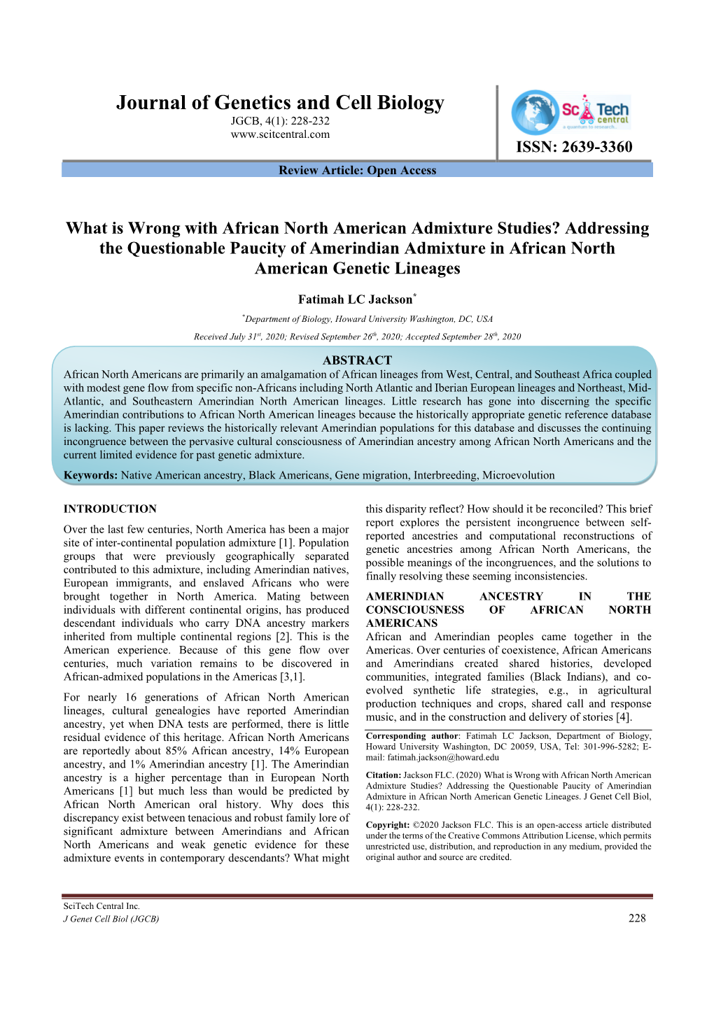 Journal of Genetics and Cell Biology JGCB, 4(1): 228-232 ISSN: 2639-3360 Review Article: Open Access