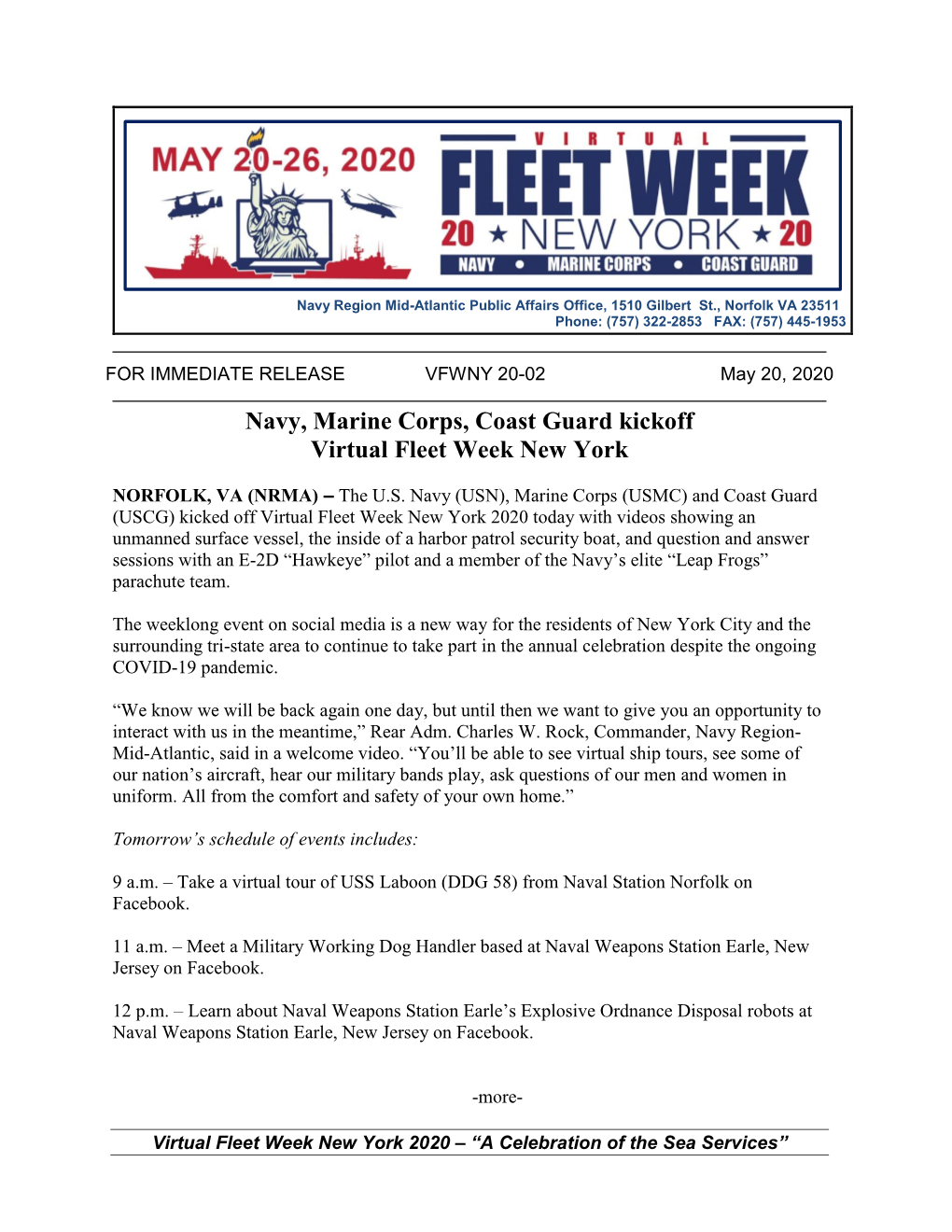Navy, Marine Corps, Coast Guard Kickoff Virtual Fleet Week New York