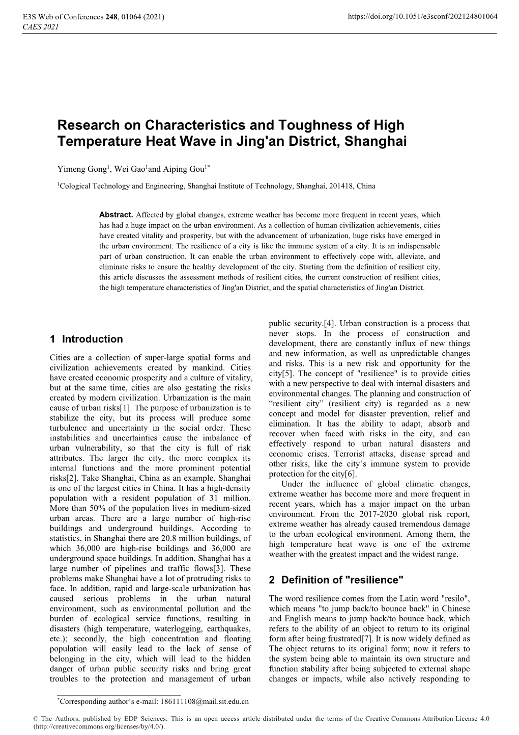 Research on Characteristics and Toughness of High Temperature Heat Wave in Jing'an District, Shanghai