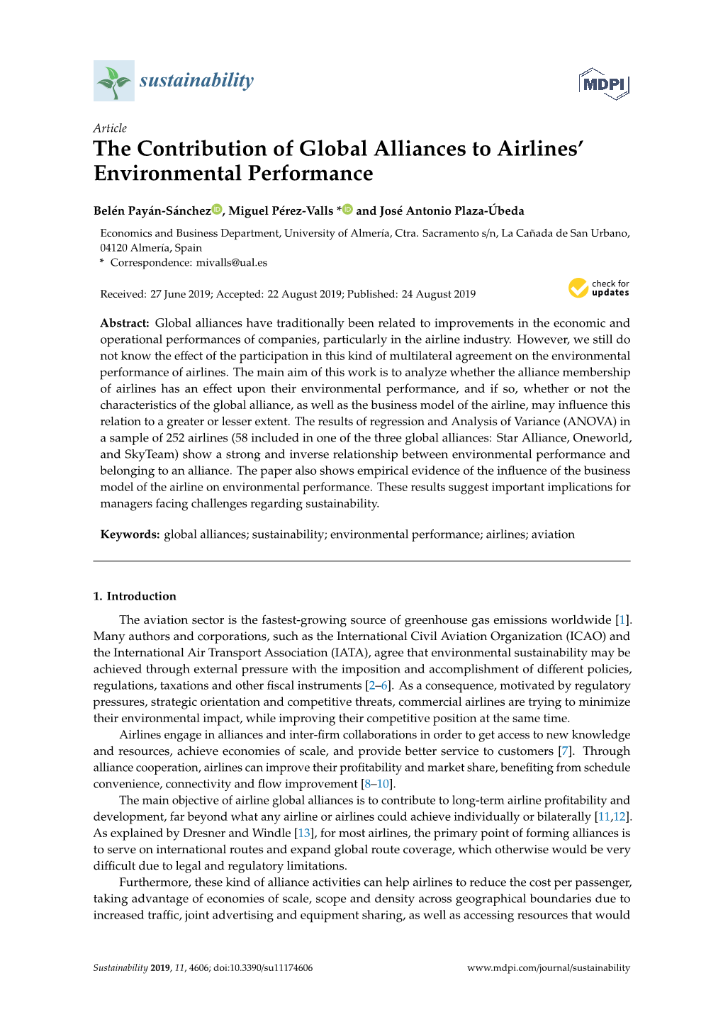 The Contribution of Global Alliances to Airlines' Environmental Performance