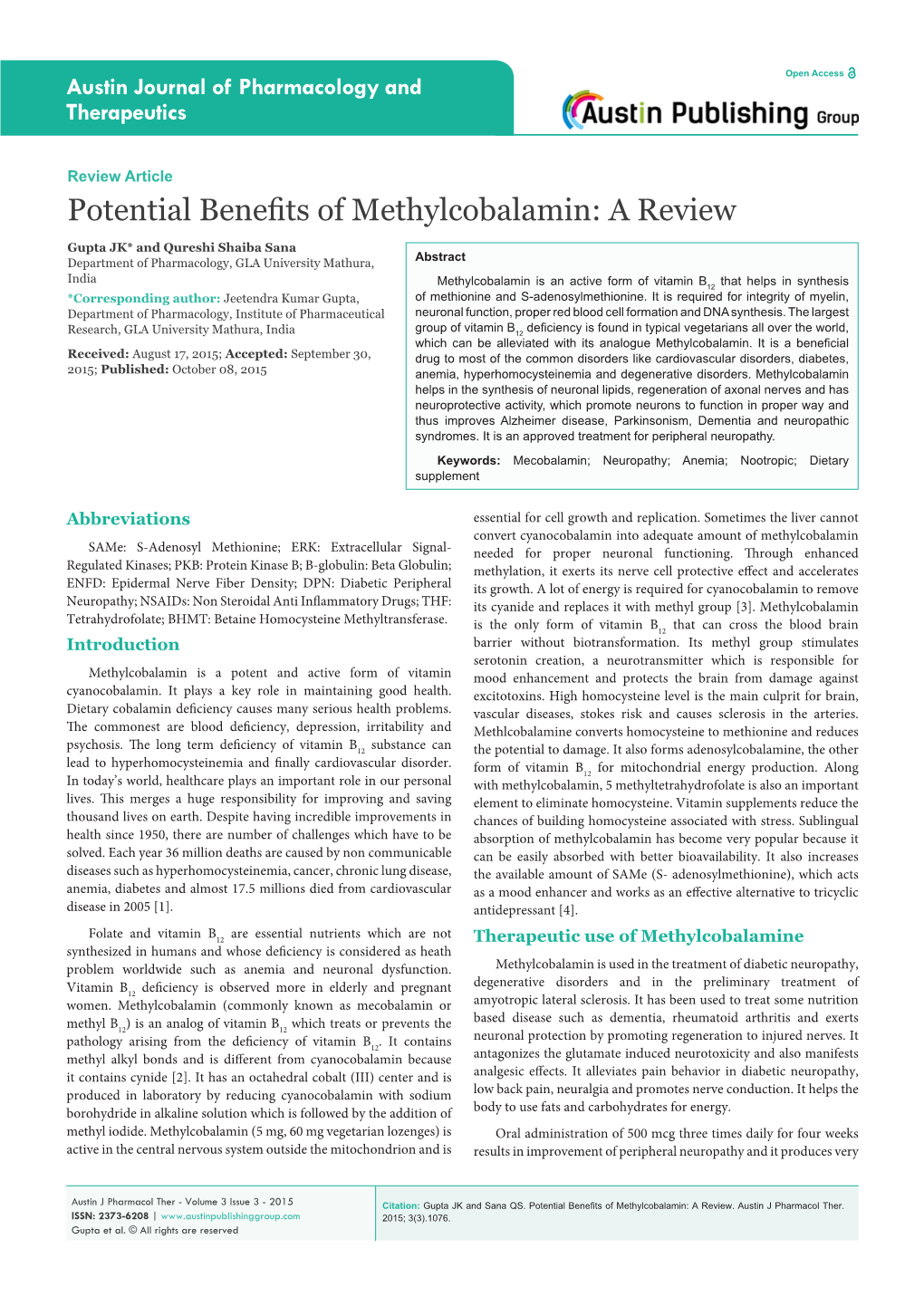 Potential Benefits of Methylcobalamin: a Review