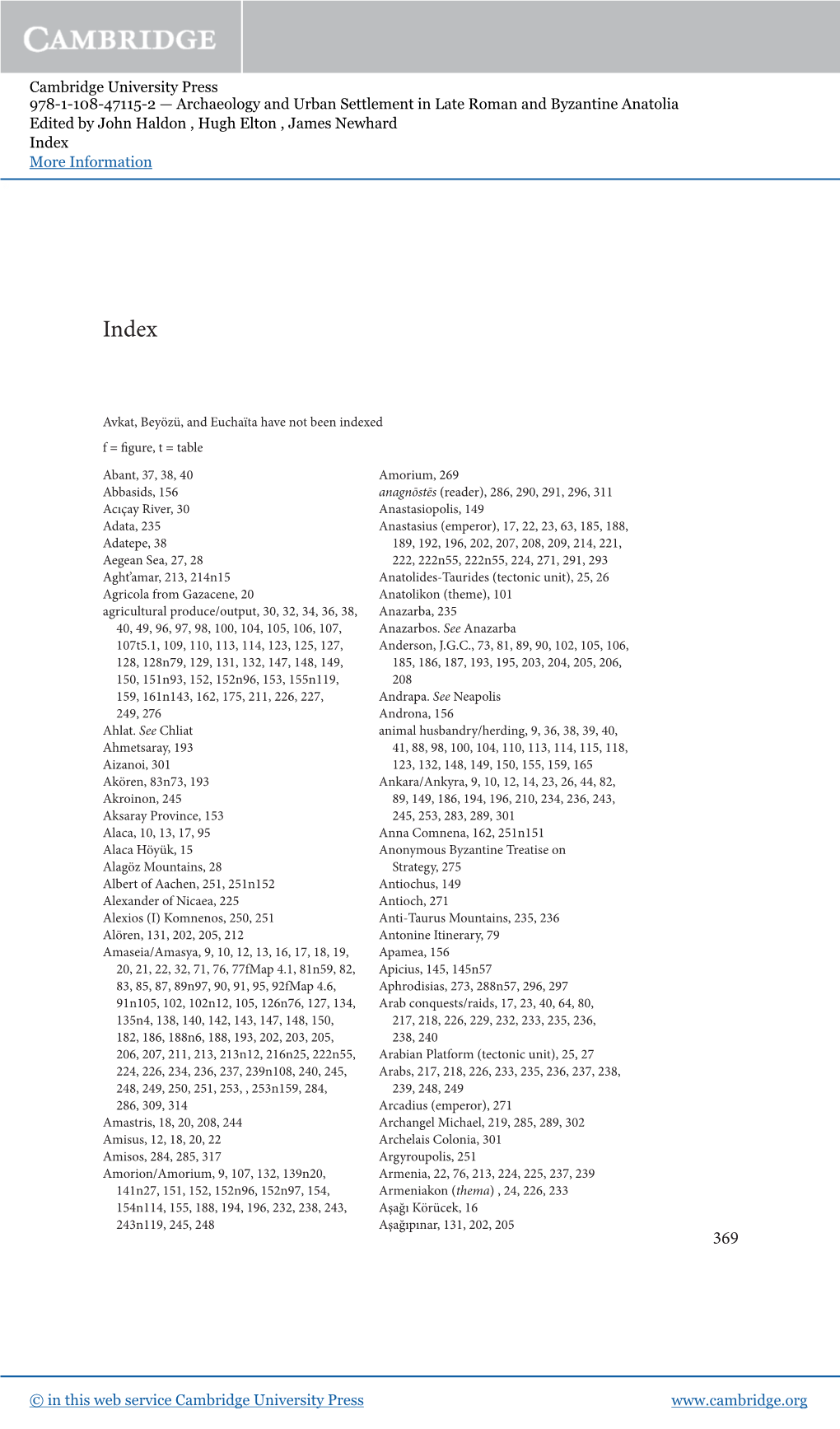 Archaeology and Urban Settlement in Late Roman and Byzantine Anatolia Edited by John Haldon , Hugh Elton , James Newhard Index More Information