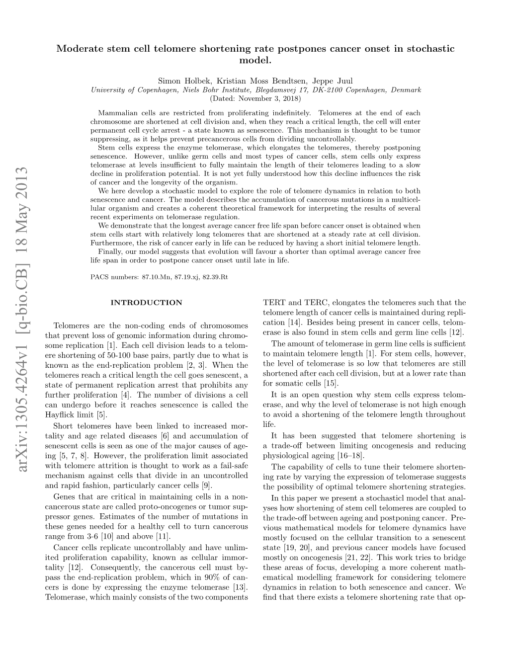 Moderate Stem Cell Telomere Shortening Rate Postpones Cancer Onset in Stochastic Model