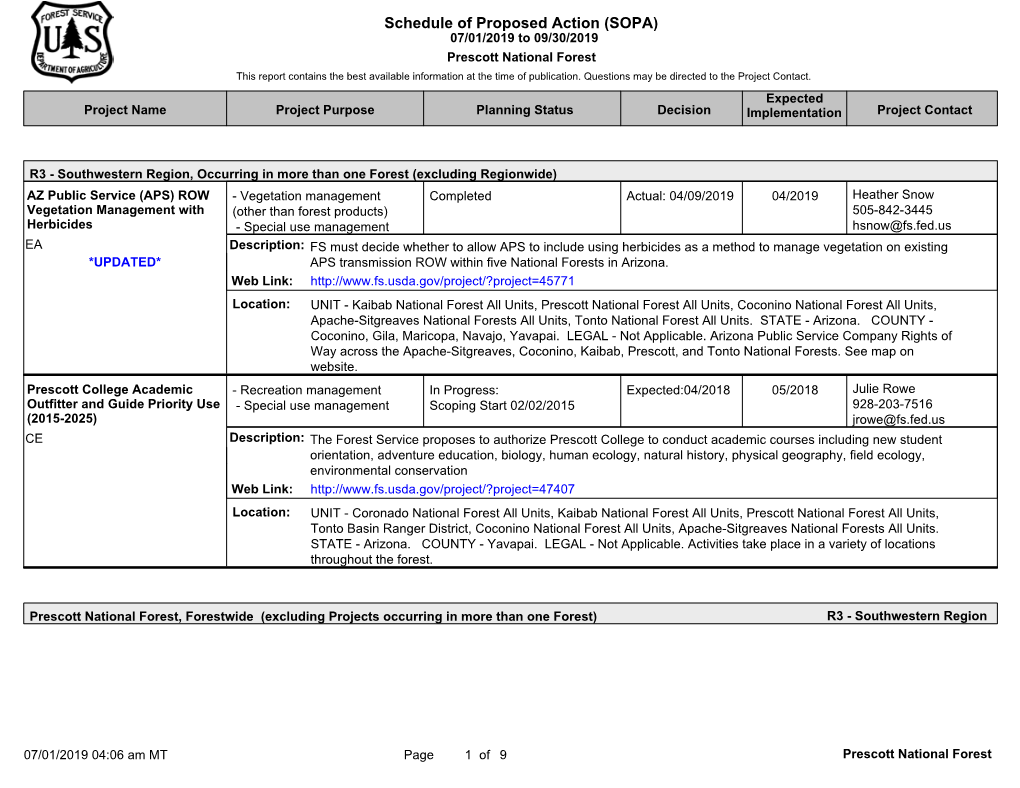 Schedule of Proposed Action (SOPA) 07/01/2019 to 09/30/2019 Prescott National Forest This Report Contains the Best Available Information at the Time of Publication