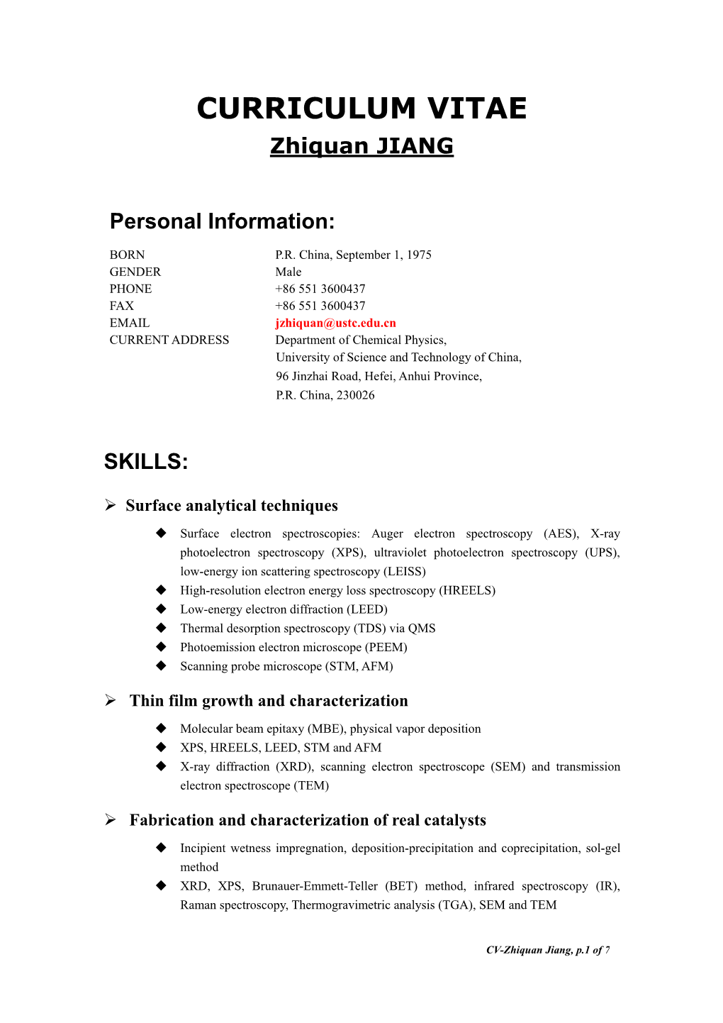 CURRICULUM VITAE Zhiquan JIANG