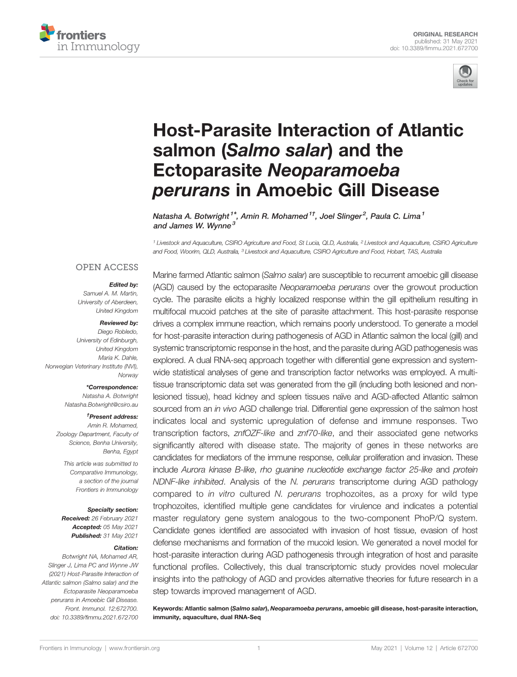 Host-Parasite Interaction of Atlantic Salmon (Salmo Salar) and the Ectoparasite Neoparamoeba Perurans in Amoebic Gill Disease