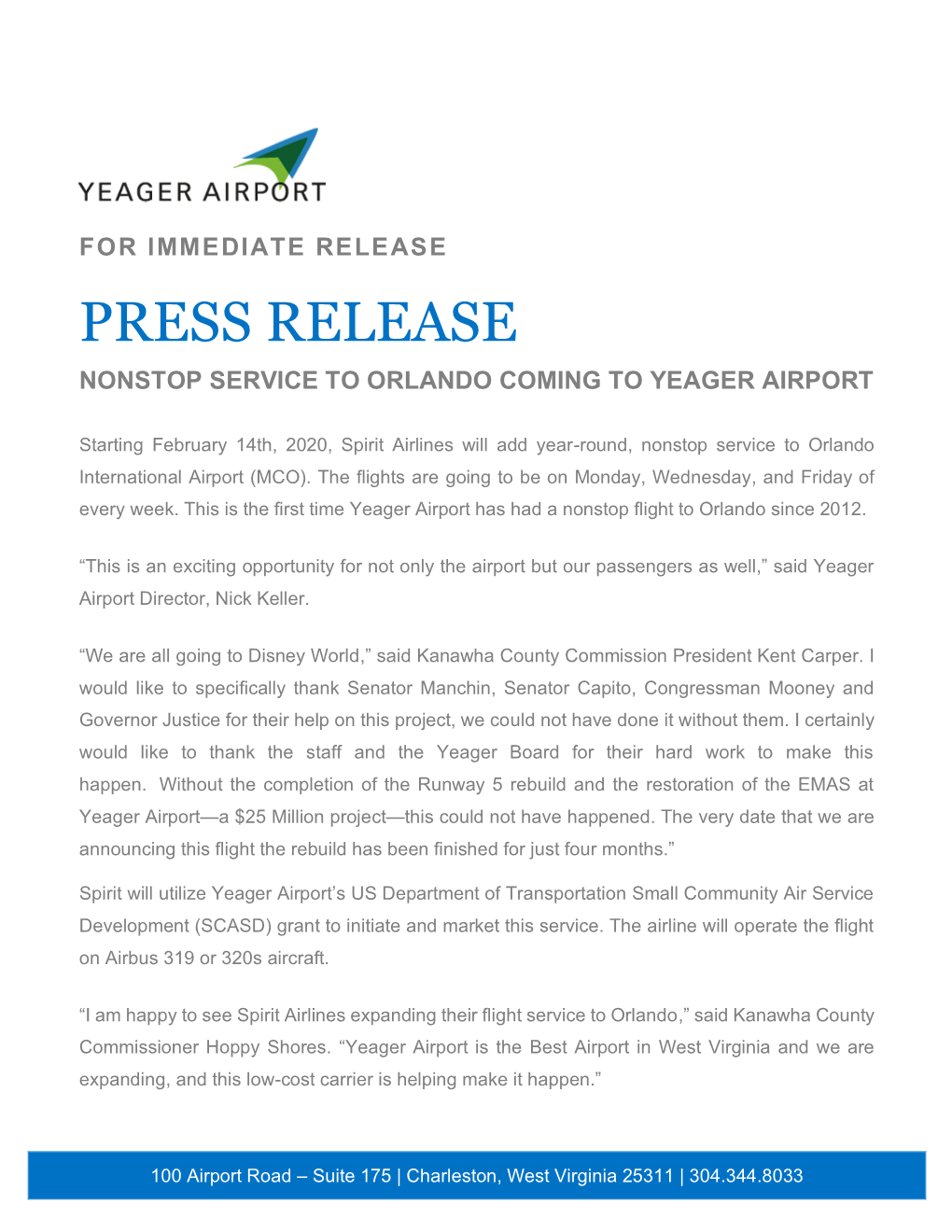 Press Release Nonstop Service to Orlando Coming to Yeager Airport