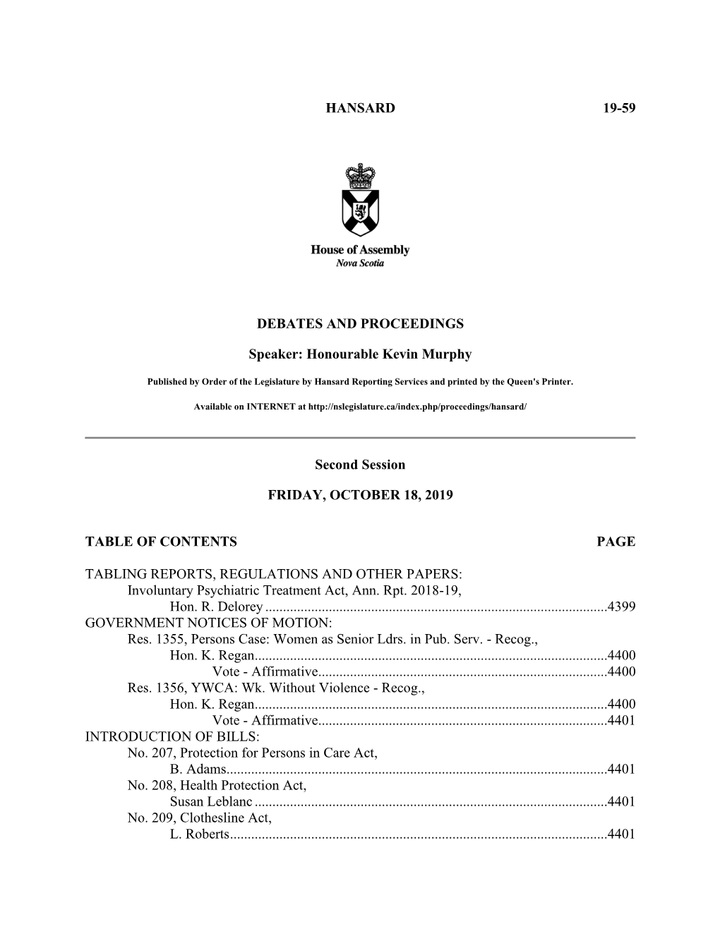 HANSARD 19-59 DEBATES and PROCEEDINGS Speaker