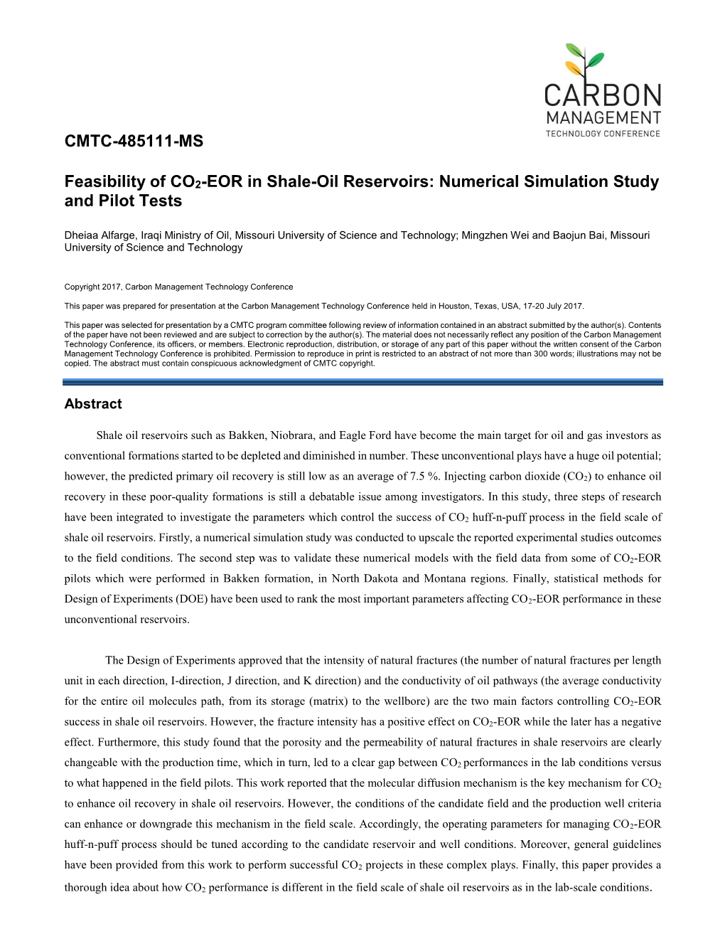 CMTC-485111-MS Feasibility of CO2-EOR in Shale-Oil