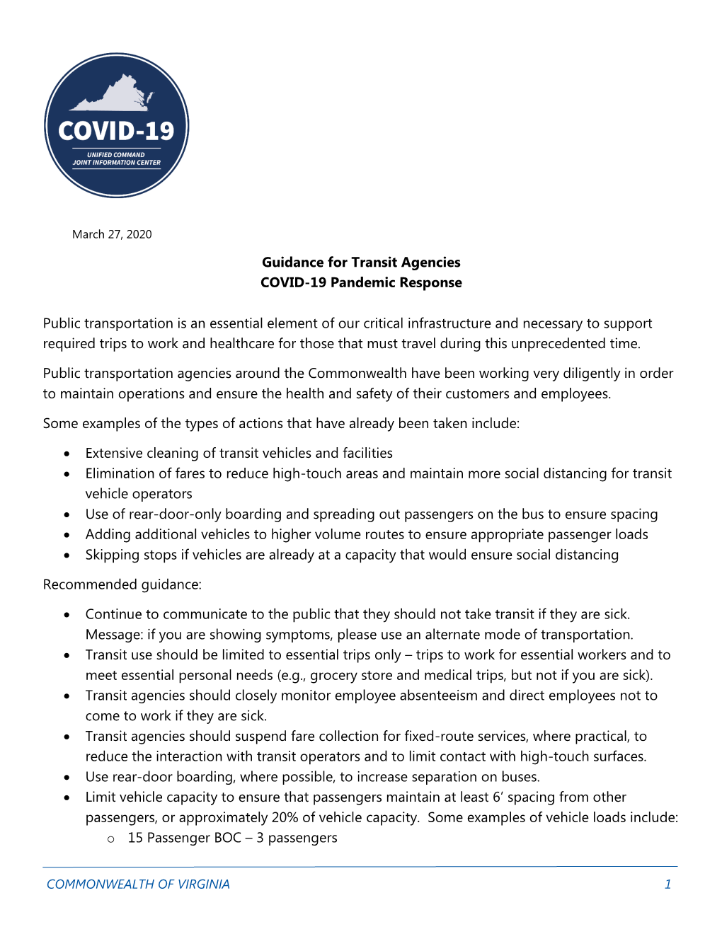 Guidance for Transit Agencies COVID-19 Pandemic Response