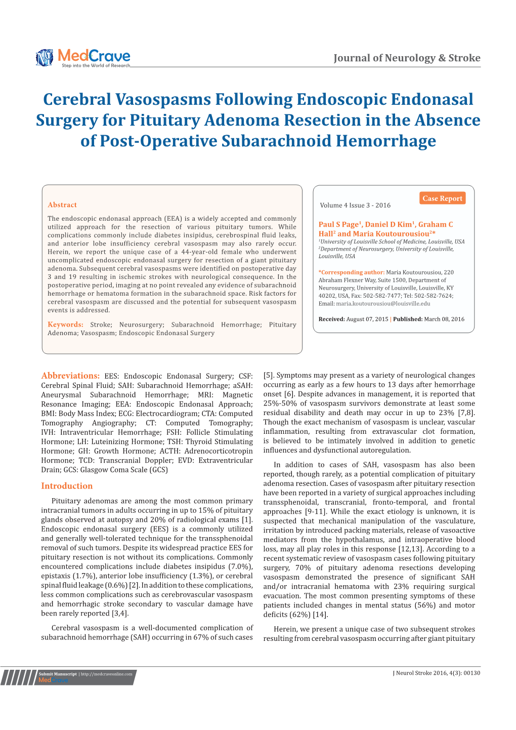 Cerebral Vasospasms Following Endoscopic Endonasal Surgery for Pituitary Adenoma Resection in the Absence of Post-Operative Subarachnoid Hemorrhage