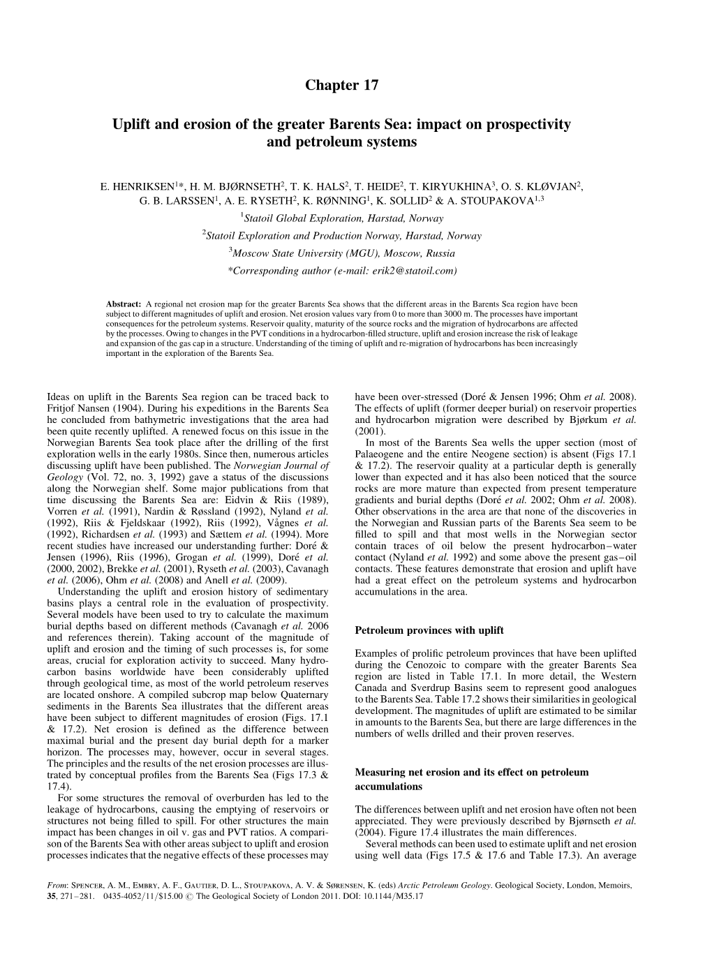 Chapter 17 Uplift and Erosion of the Greater Barents Sea: Impact On