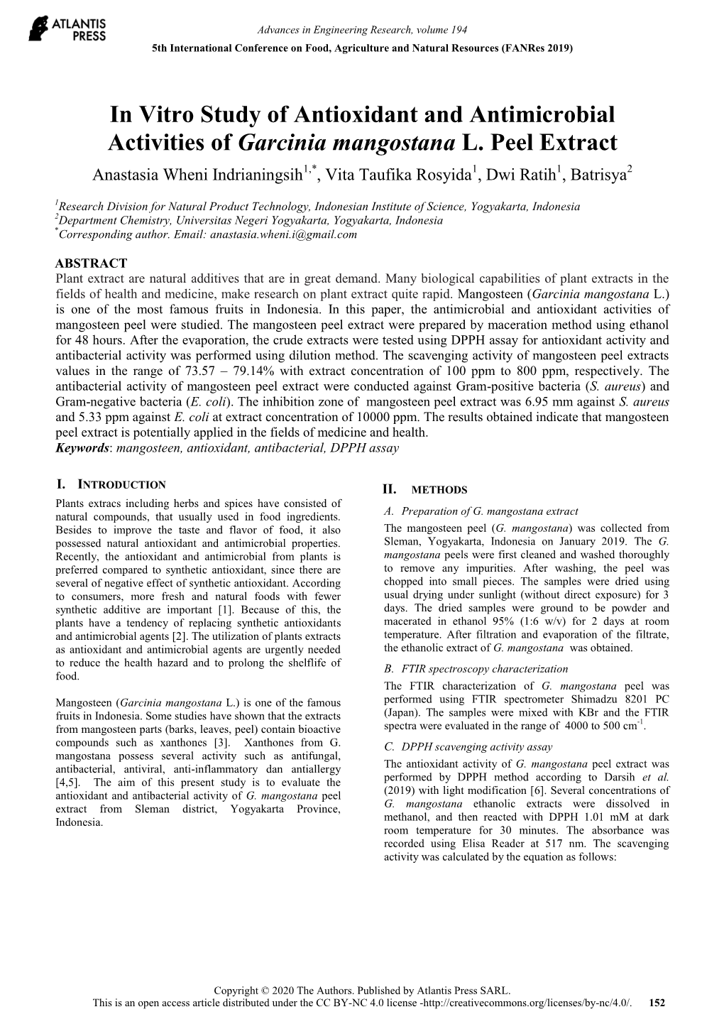 In Vitro Study of Antioxidant and Antimicrobial Activities of Garcinia Mangostana L