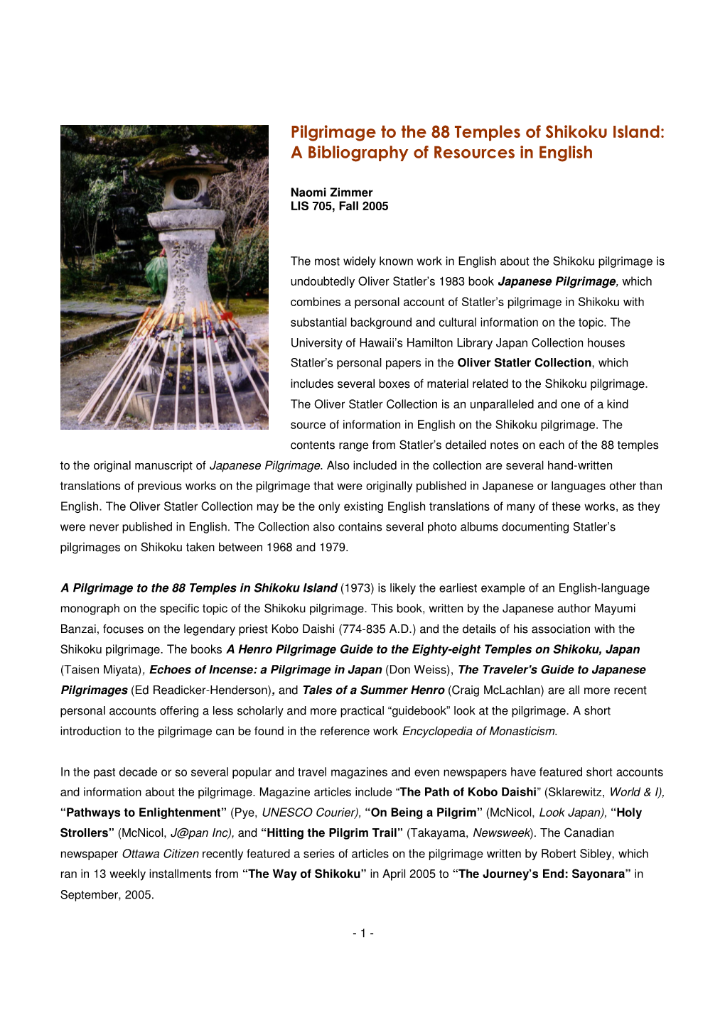 Pilgrimage to the 88 Temples of Shikoku Island: a Bibliography of Resources in English