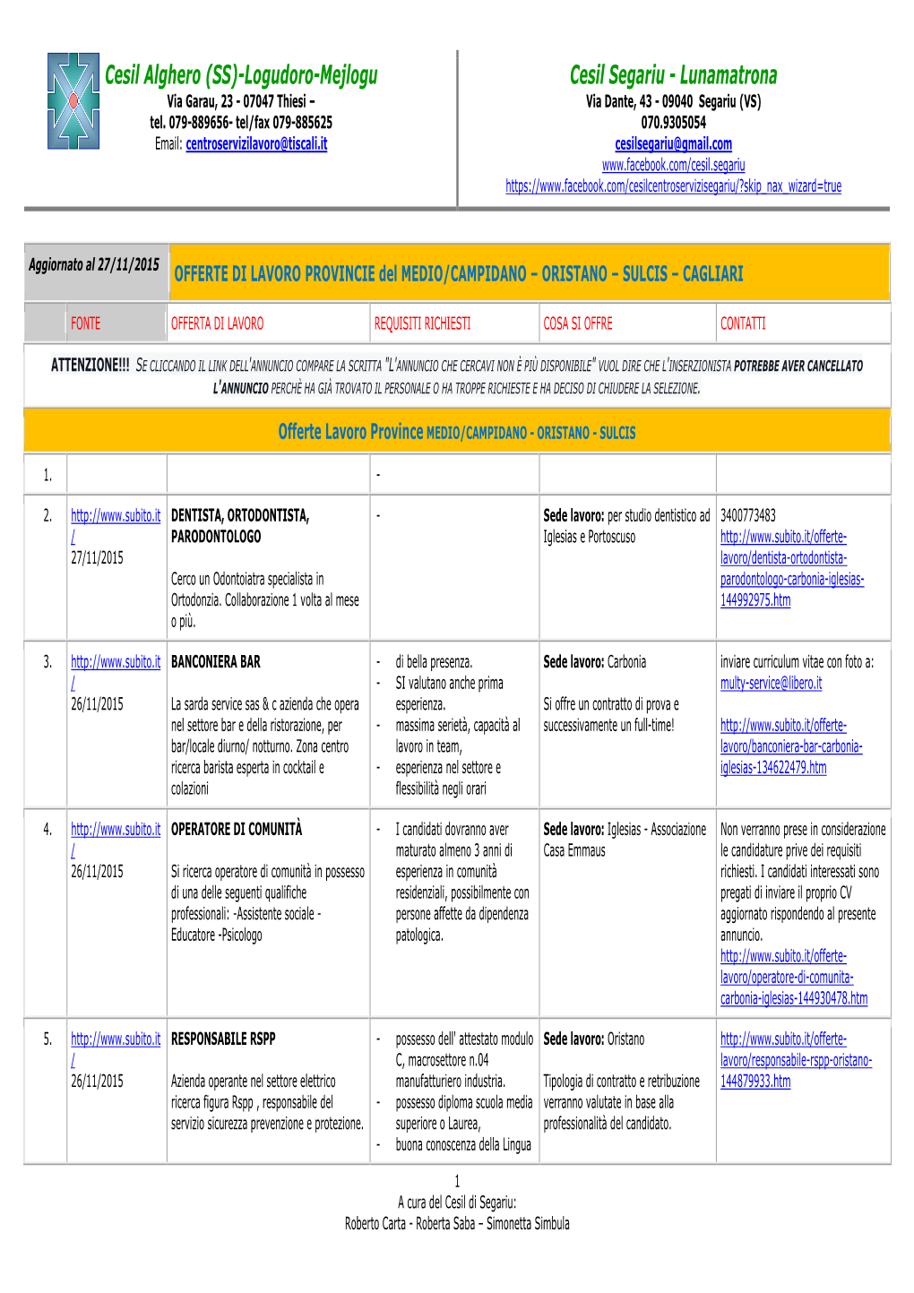 Offerte Lavoro CA-OR-MC-CI CESIL SEGARIU E ALM Al 27-11-2015