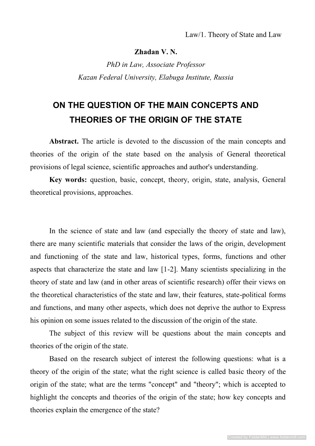 On the Question of the Main Concepts and Theories of the Origin of the State