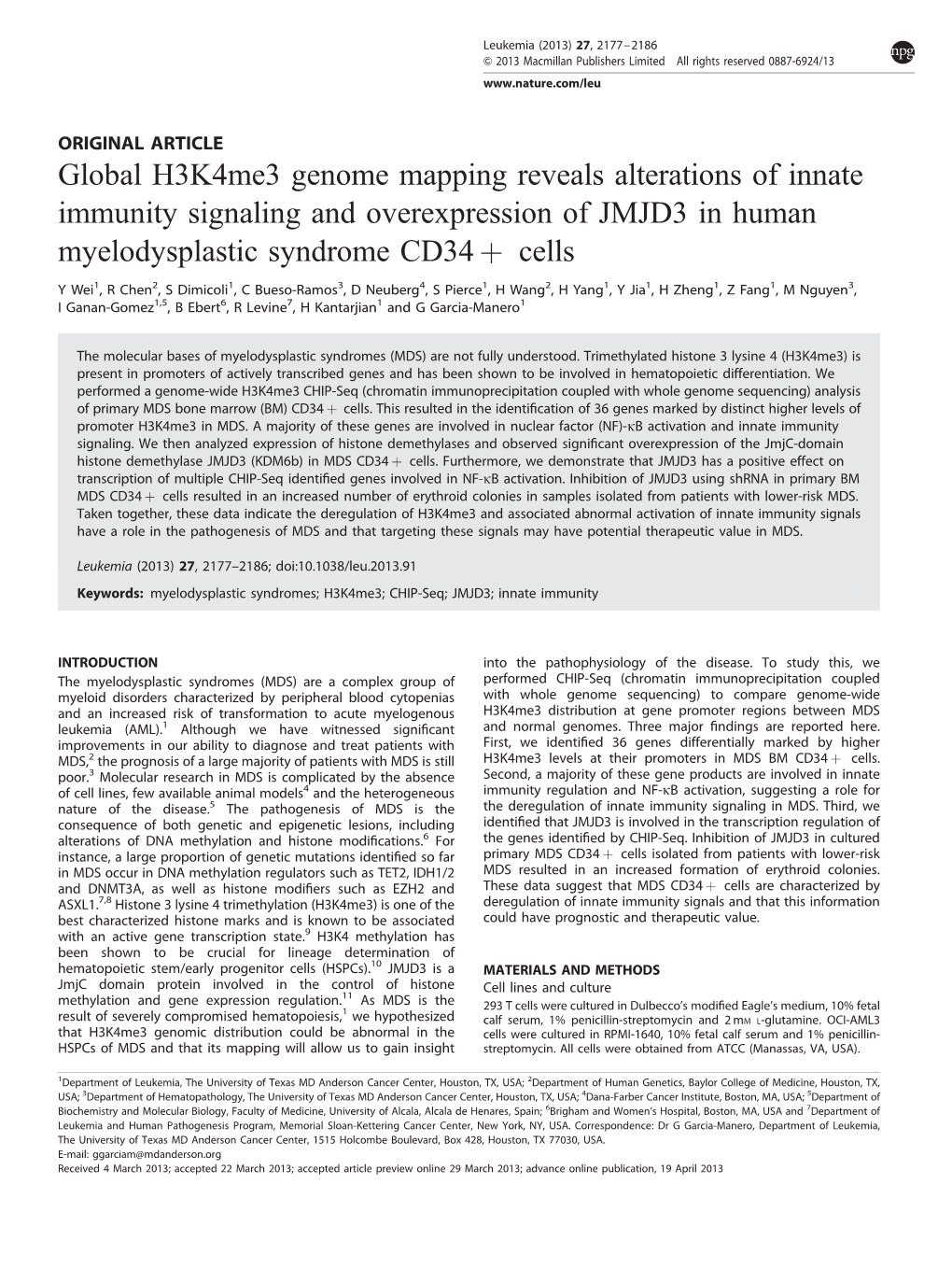 Global H3k4me3 Genome Mapping Reveals Alterations of Innate Immunity Signaling and Overexpression of JMJD3 in Human Myelodysplastic Syndrome CD34 Þ Cells