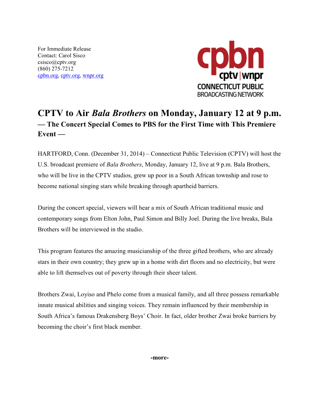 CPTV to Air Bala Brothers on Monday, January 12 at 9 P.M. — the Concert Special Comes to PBS for the First Time with This Premiere Event —