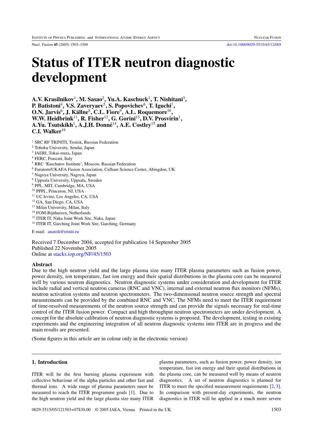 Status of ITER Neutron Diagnostic Development