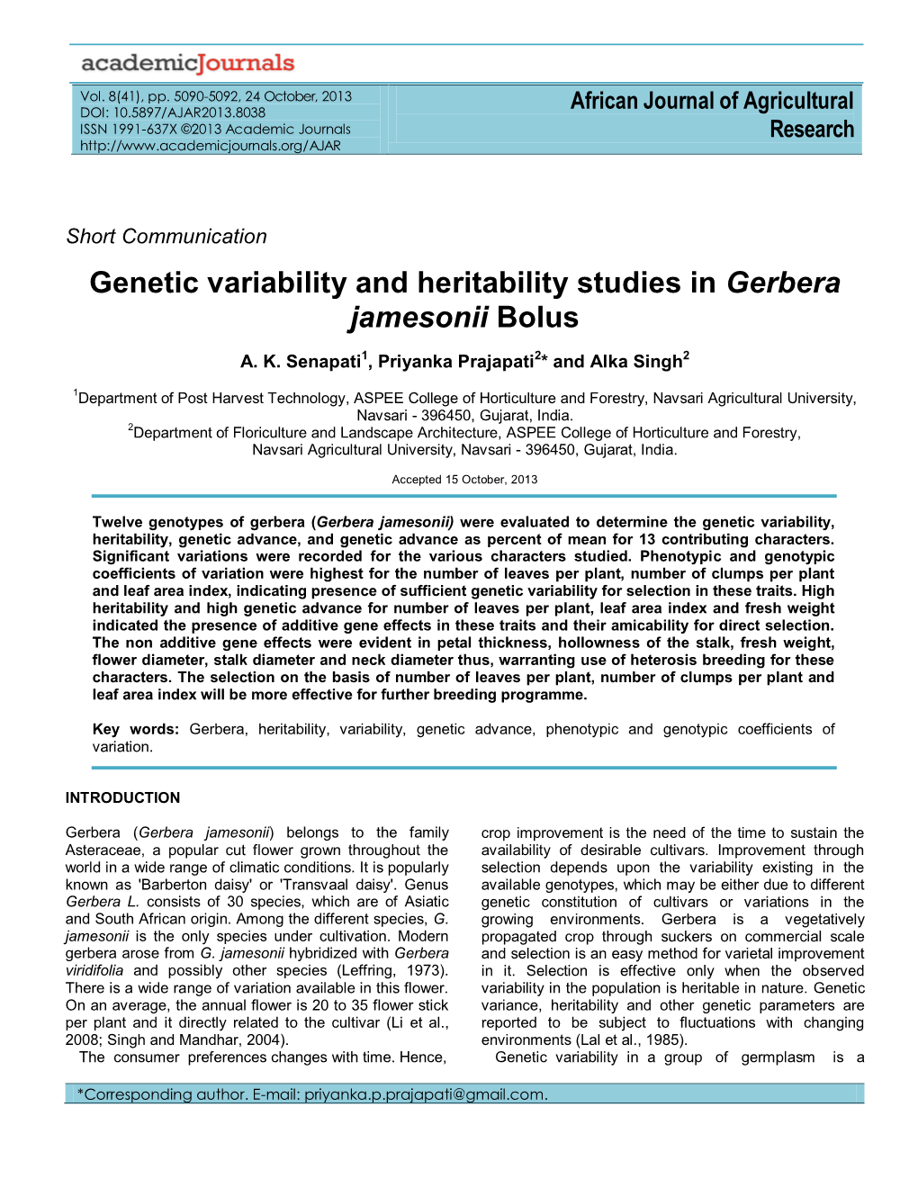 Genetic Variability and Heritability Studies in Gerbera Jamesonii Bolus