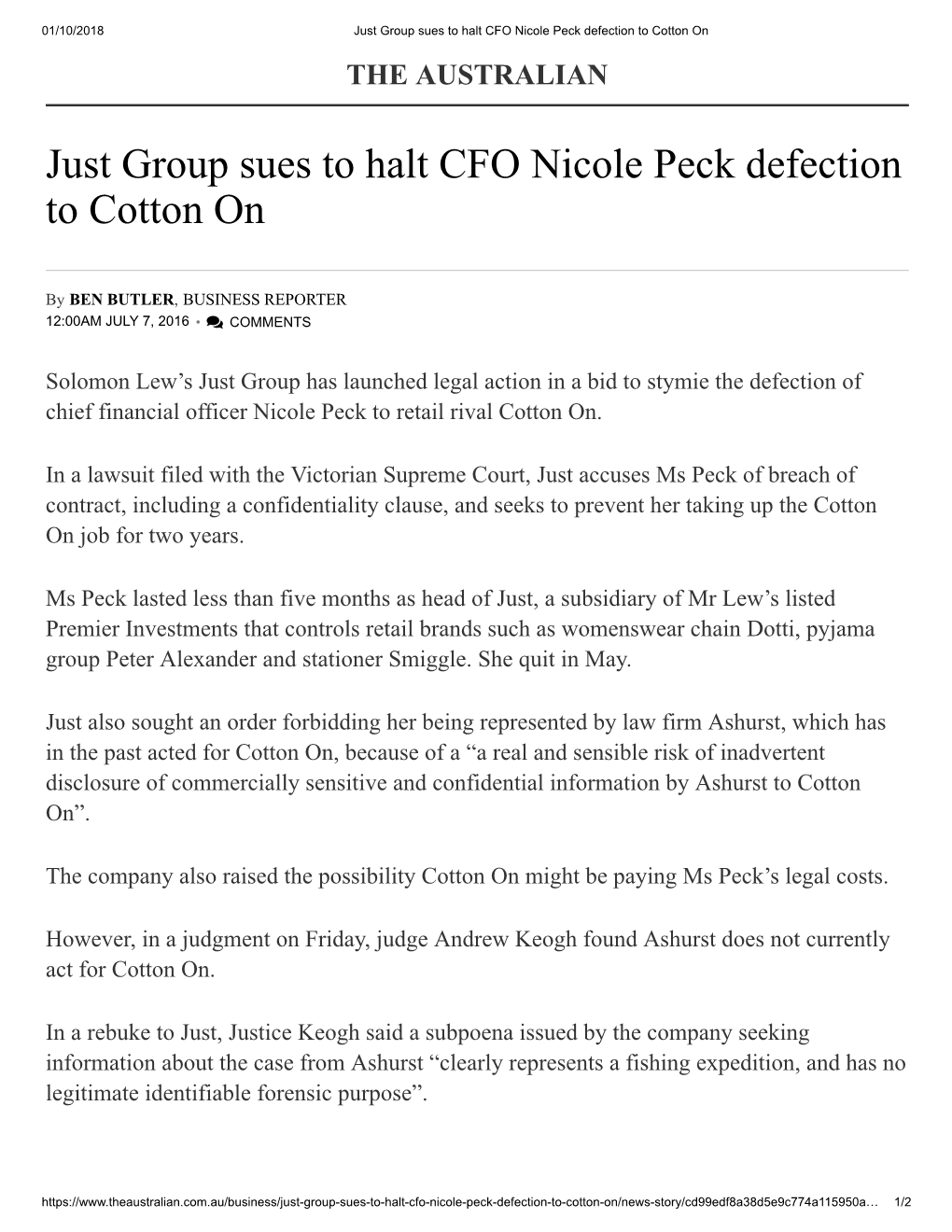 Just Group Sues to Halt CFO Nicole Peck Defection to Cotton on the AUSTRALIAN