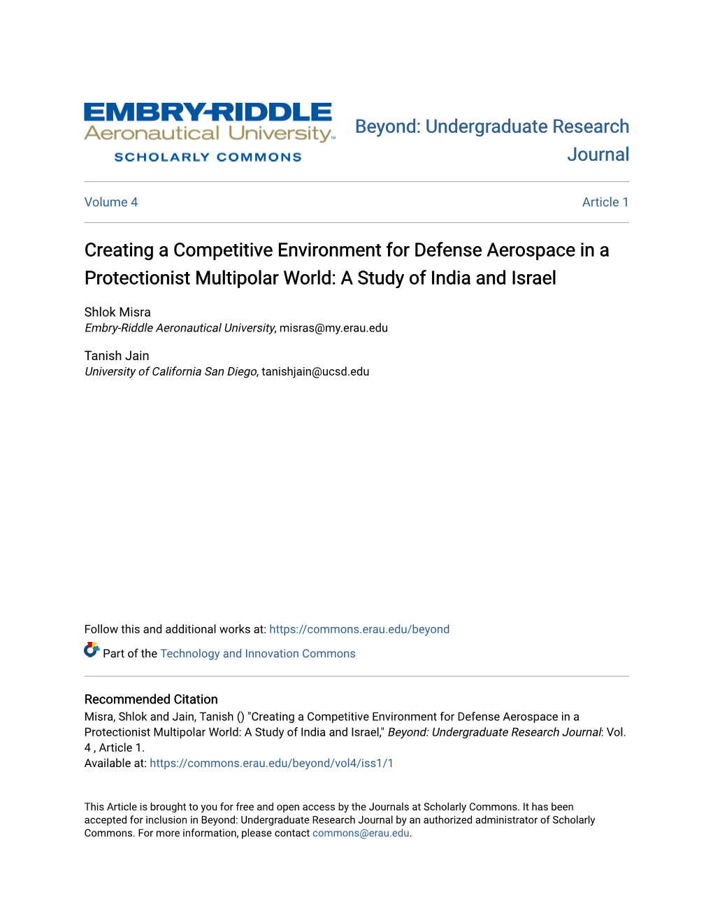 Creating a Competitive Environment for Defense Aerospace in a Protectionist Multipolar World: a Study of India and Israel