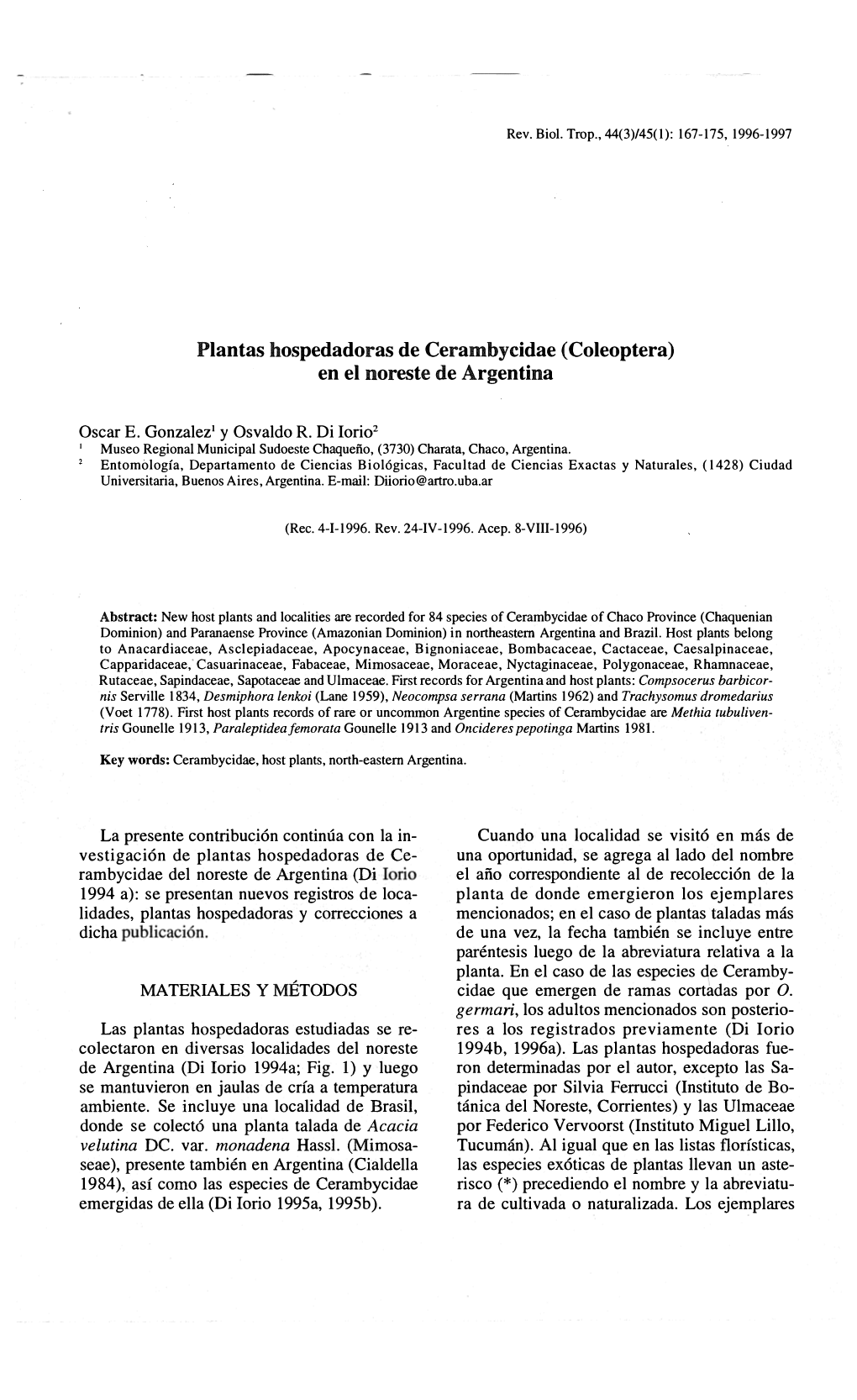 Plantas Hospedadoras De Cerambycidae (Coleoptera) En El Noreste De Argentina