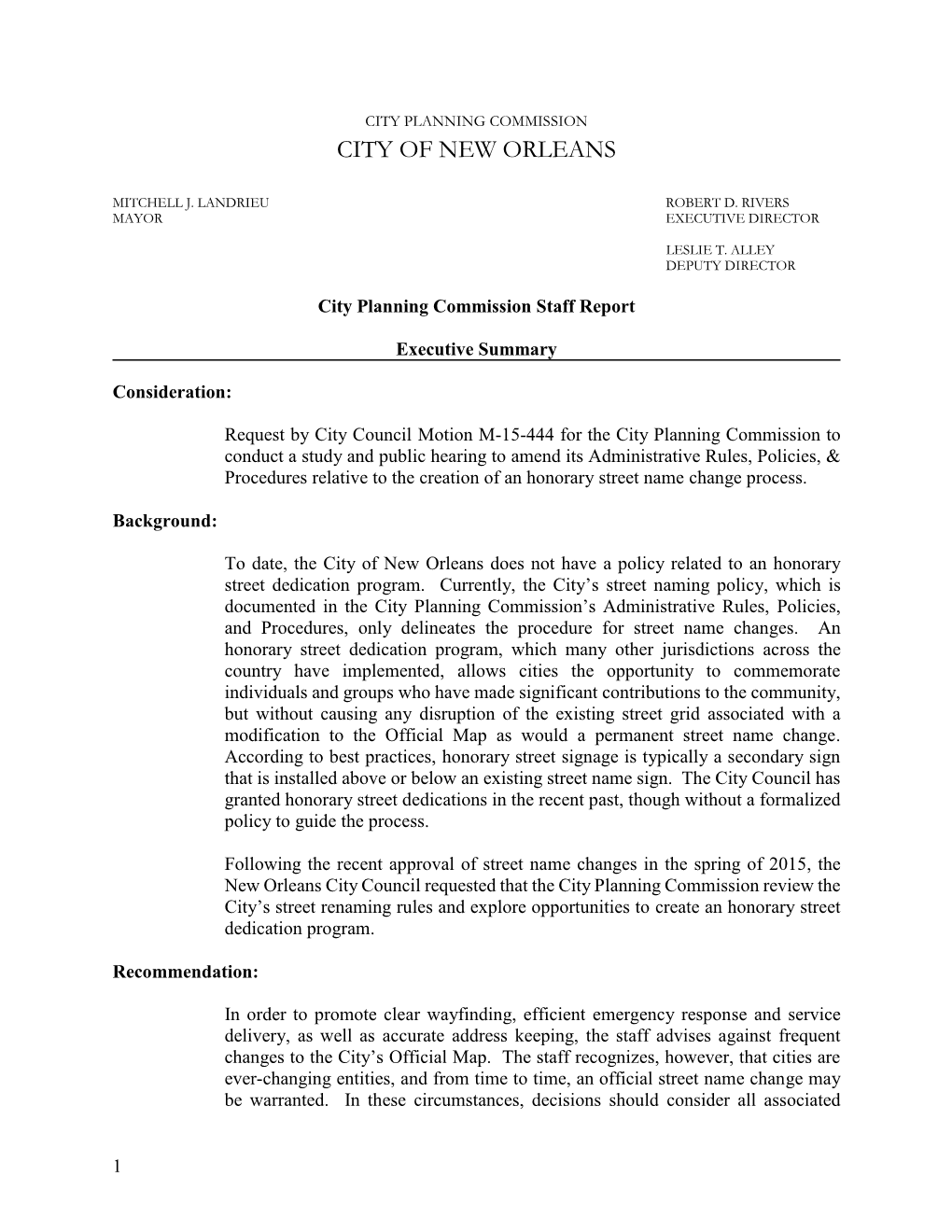 PRELIMINARY STAFF REPORT To: City Planning Commission Prepared By: Nicolette Jones, Stosh Kozlowski, Laura Baños, and Derreck Deason Date: February 16, 2015