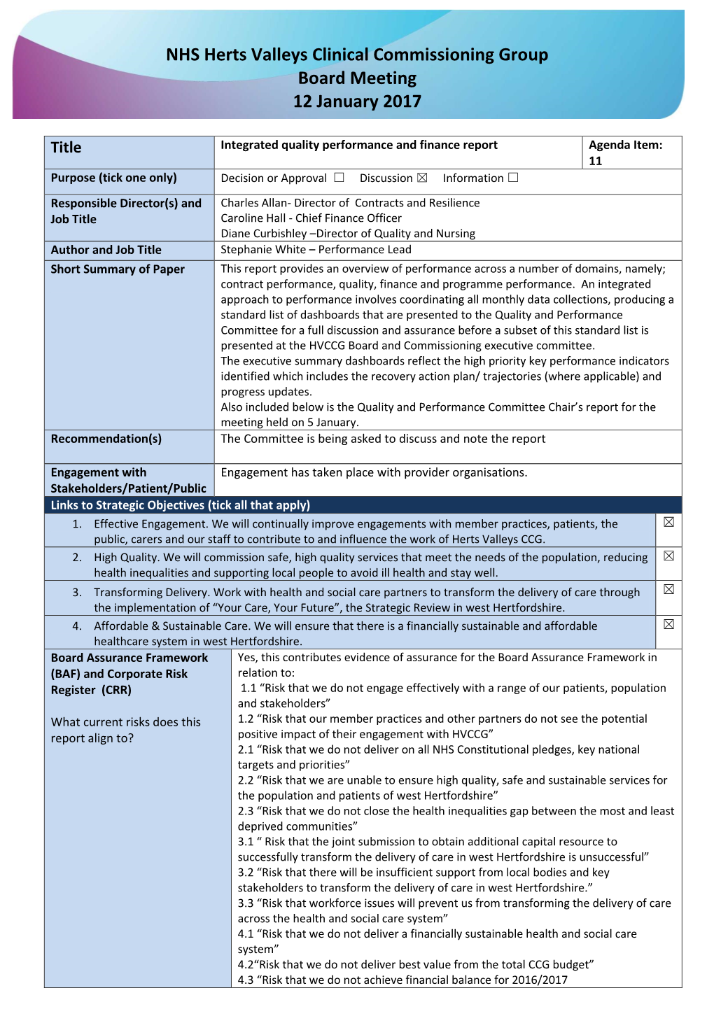 NHS Herts Valleys Clinical Commissioning Group Board Meeting 12 January 2017