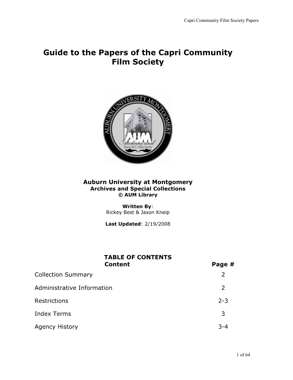 Guide to the Papers of the Capri Community Film Society