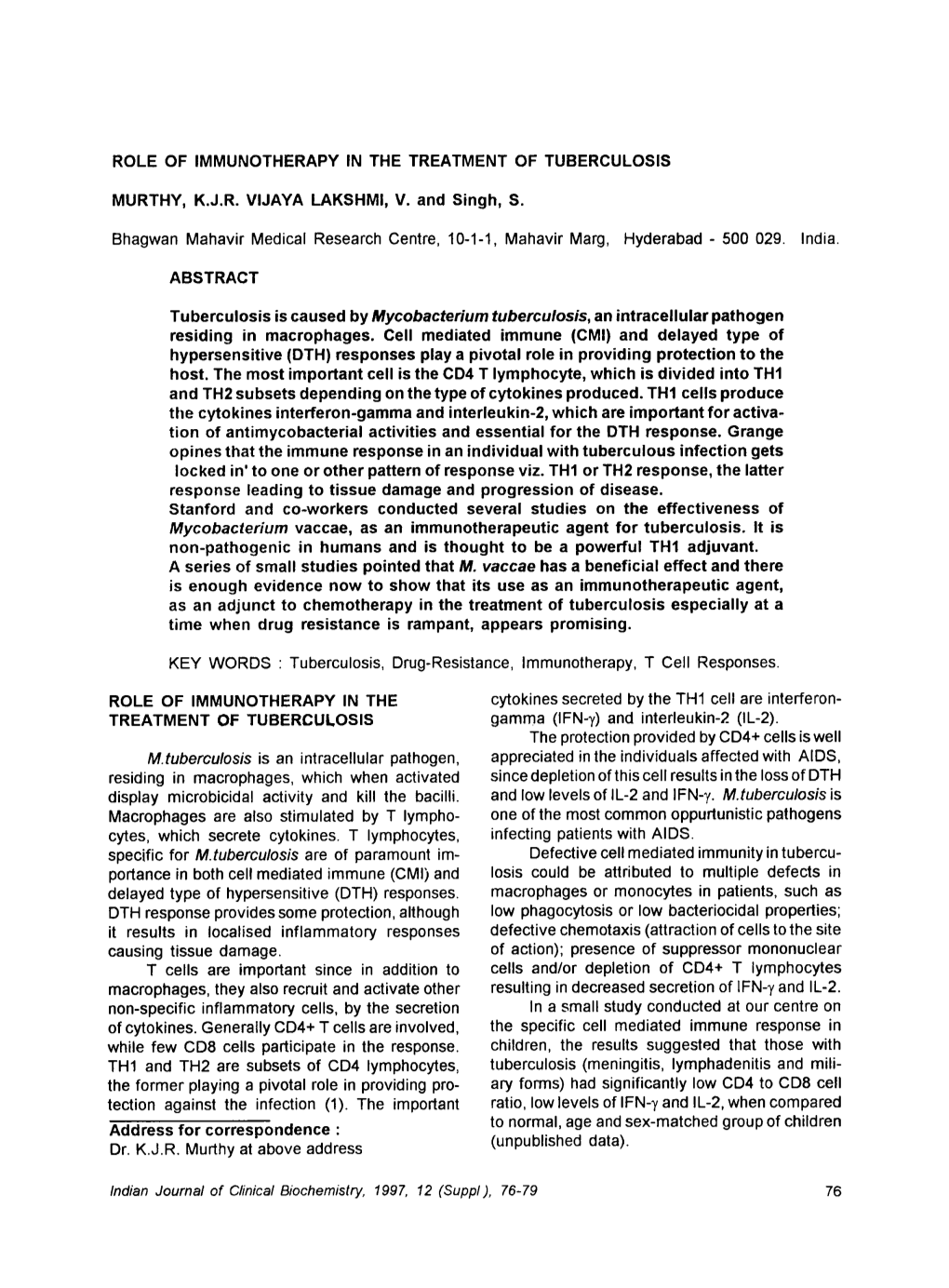 Role of Immunotherapy in the Treatment of Tuberculosis