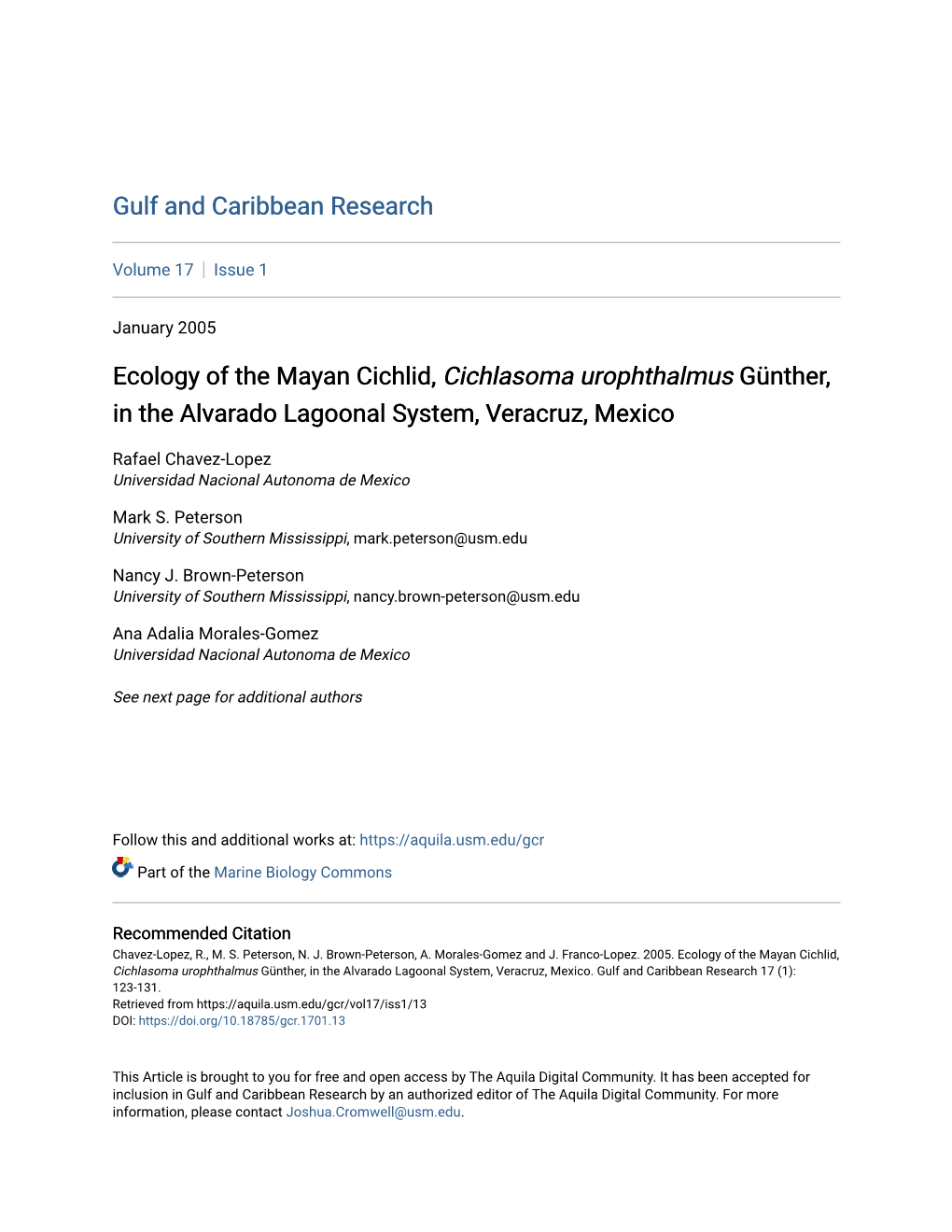 Ecology of the Mayan Cichlid, Cichlasoma Urophthalmus Günther, in the Alvarado Lagoonal System, Veracruz, Mexico