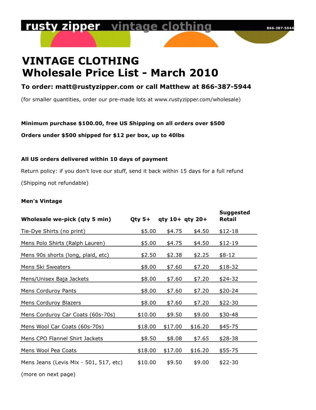 Rustyzipper.Com Wholesale Vintage Clothing Price List