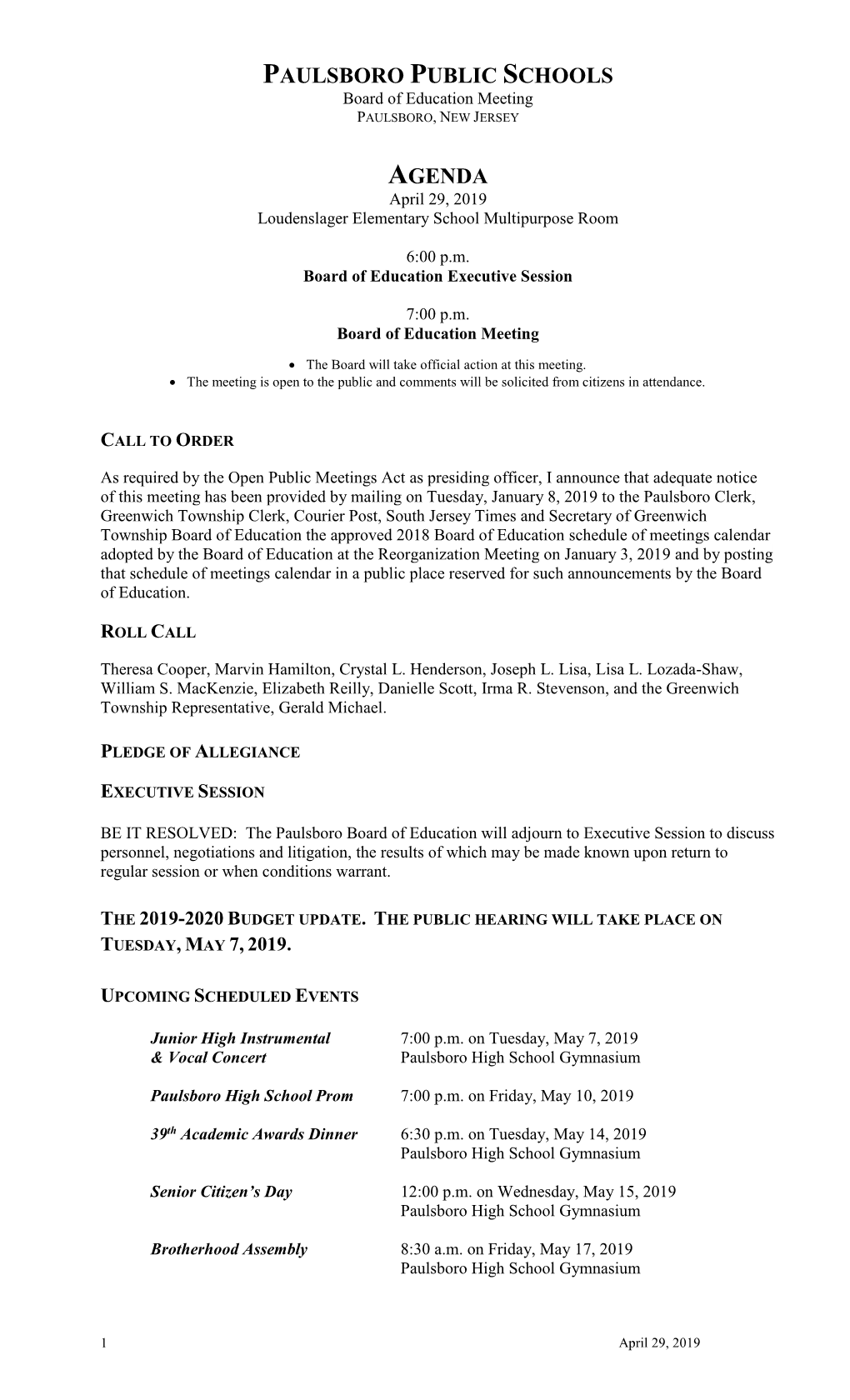 PAULSBORO PUBLIC SCHOOLS Board of Education Meeting PAULSBORO, NEW JERSEY