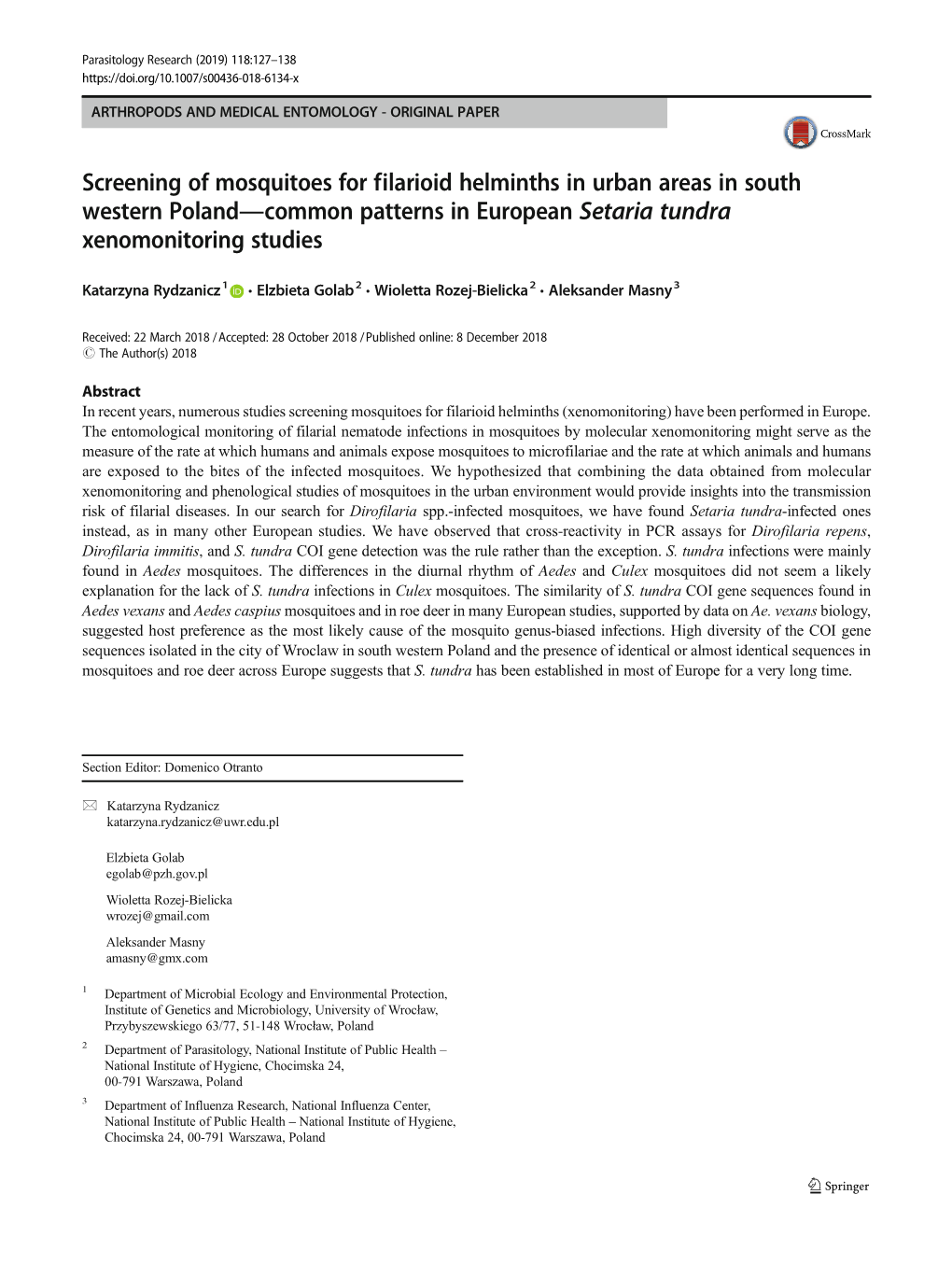 Screening of Mosquitoes for Filarioid Helminths in Urban Areas in South Western Poland—Common Patterns in European Setaria Tundra Xenomonitoring Studies