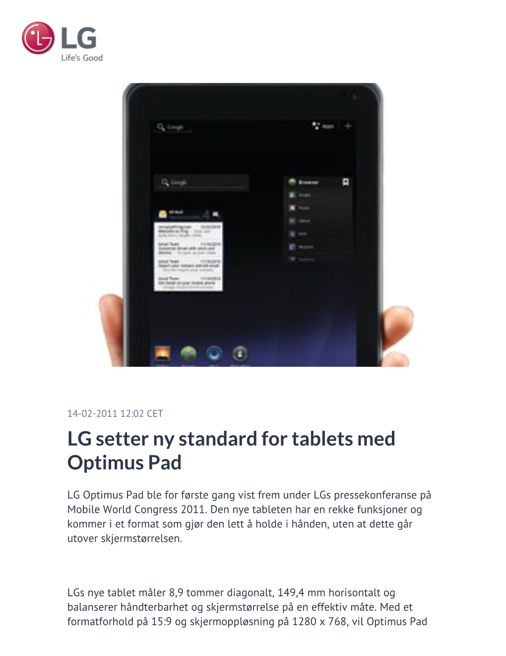 LG Setter Ny Standard for Tablets Med Optimus Pad