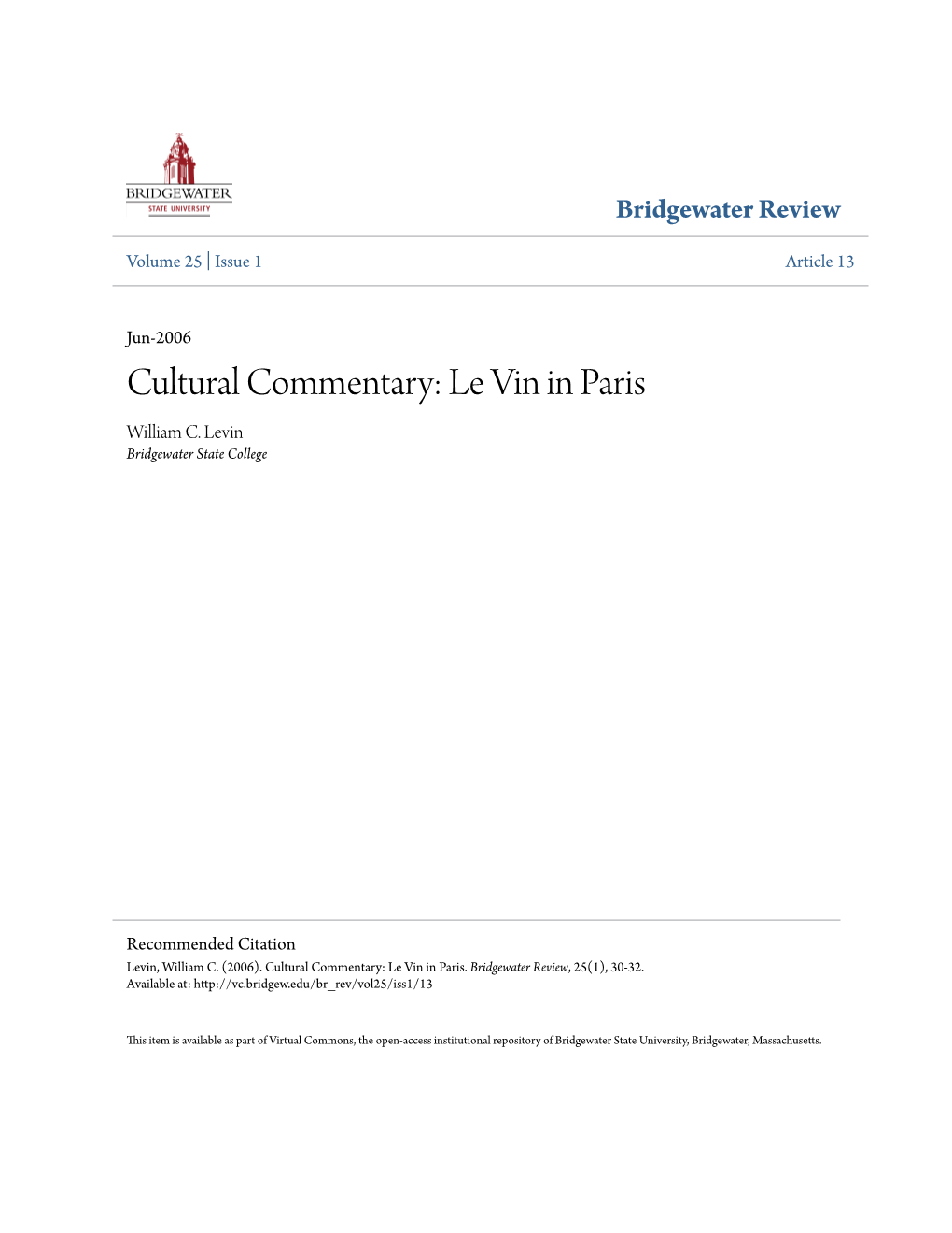 Cultural Commentary: Le Vin in Paris William C
